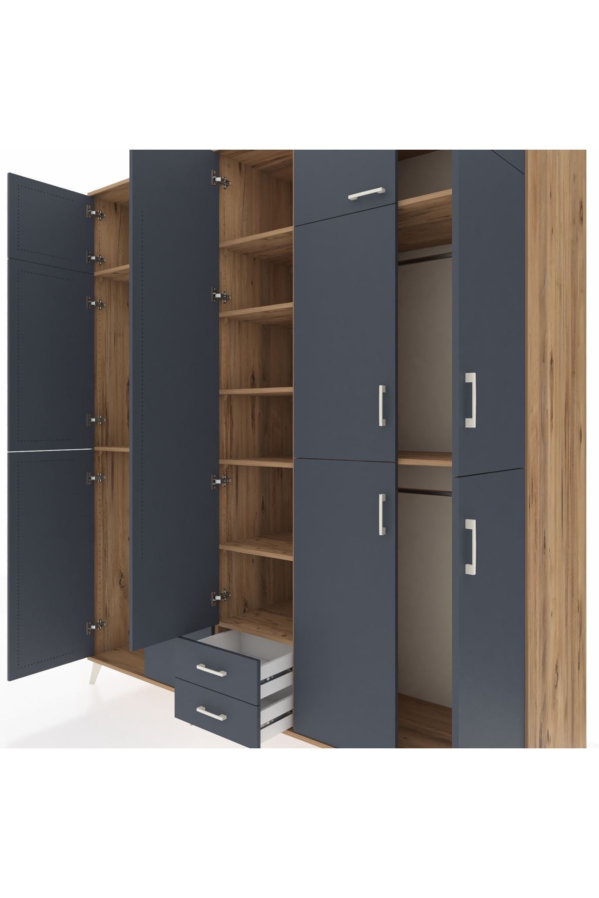 Kronos Dolap 10 Raflı 2 Çekmeceli 4 Askılı 220x59x243 Çam-Antrasit/Antrasit