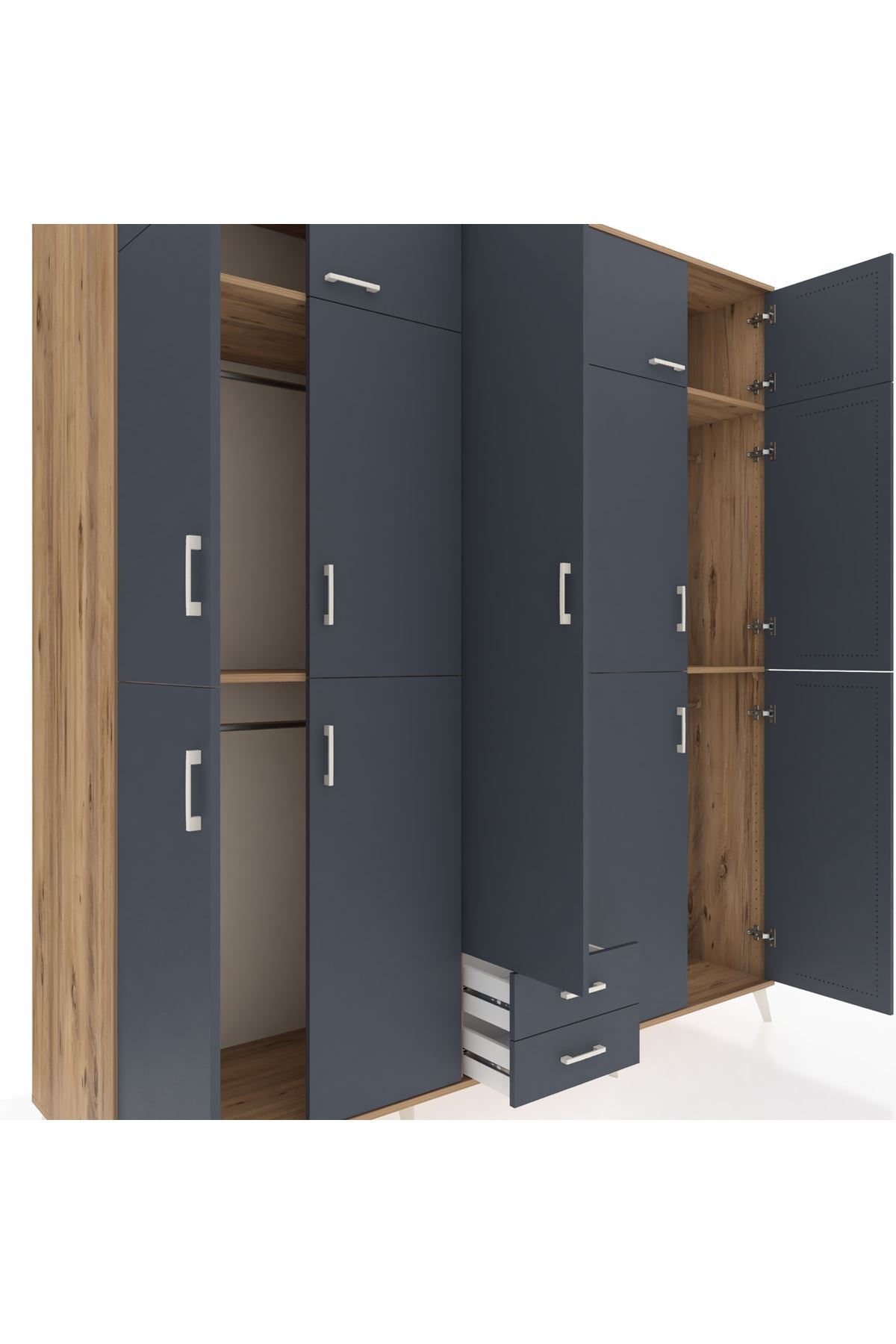 Kronos Dolap 10 Raflı 2 Çekmeceli 4 Askılı 220x59x243 Çam-Antrasit/Antrasit