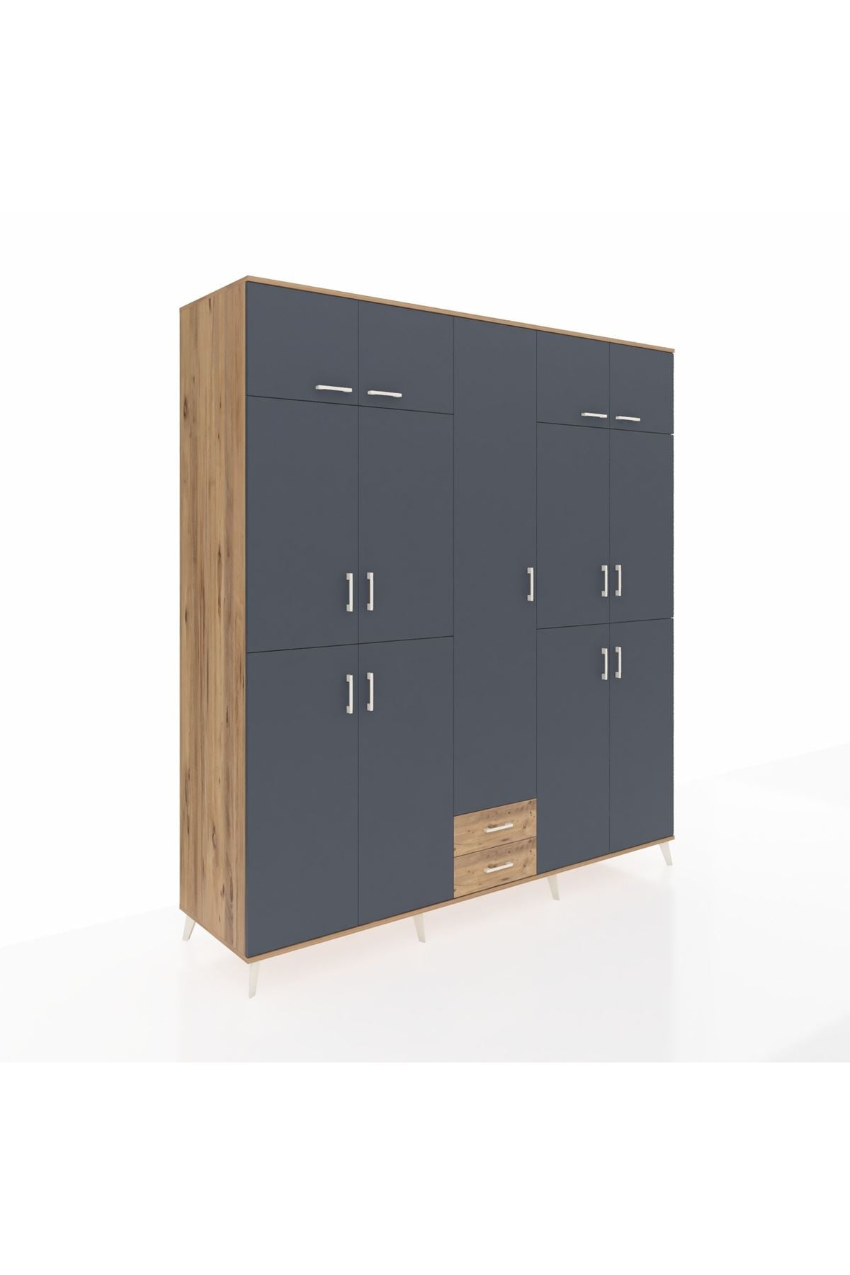 Kronos Dolap 10 Raflı 2 Çekmeceli 4 Askılı 220x59x243 Çam-Antrasit/Çam