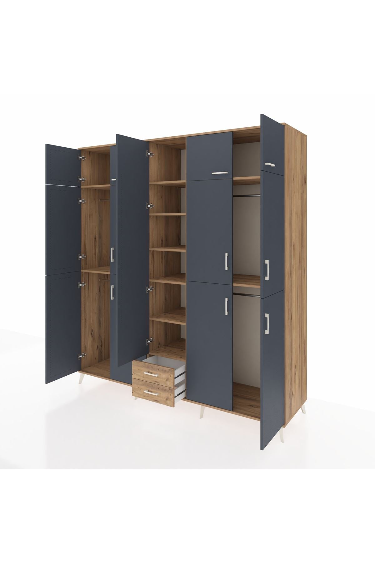 Kronos Dolap 10 Raflı 2 Çekmeceli 4 Askılı 220x59x243 Çam-Antrasit/Çam