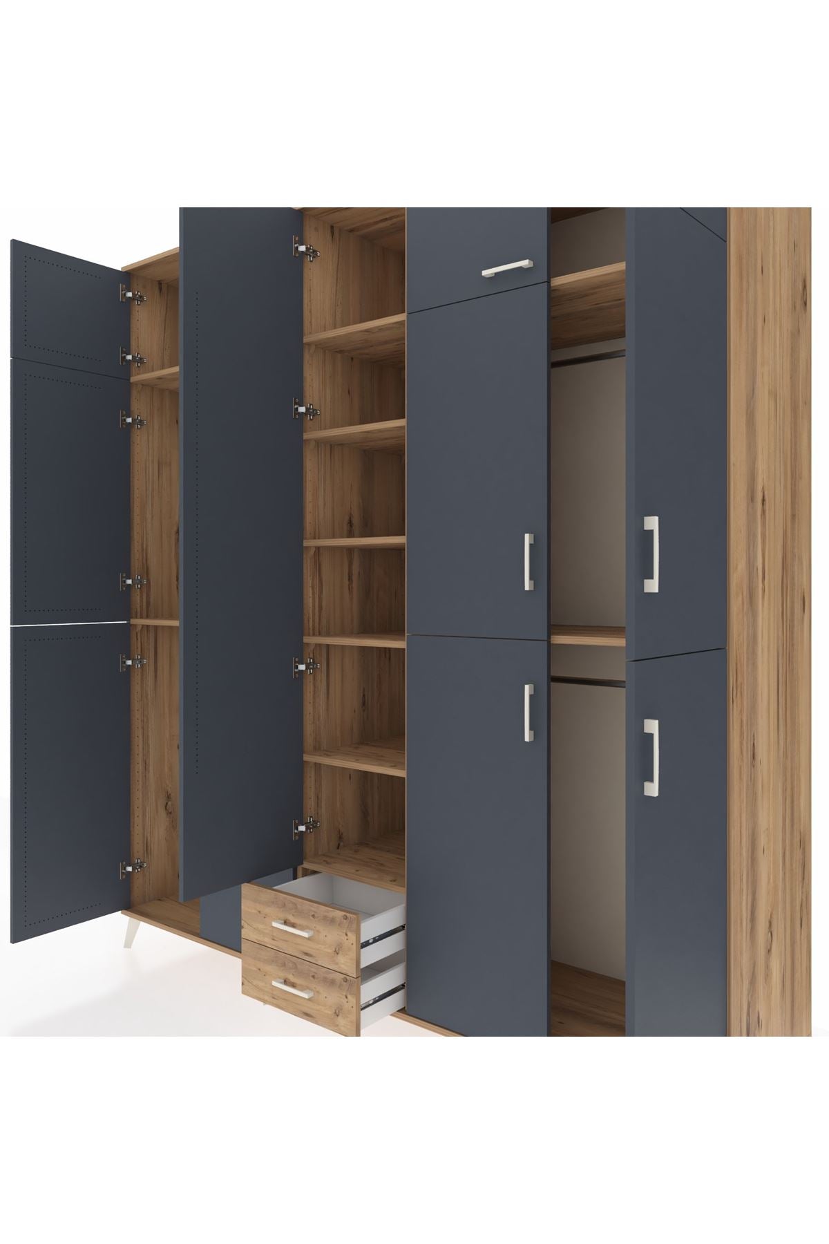 Kronos Dolap 10 Raflı 2 Çekmeceli 4 Askılı 220x59x243 Çam-Antrasit/Çam