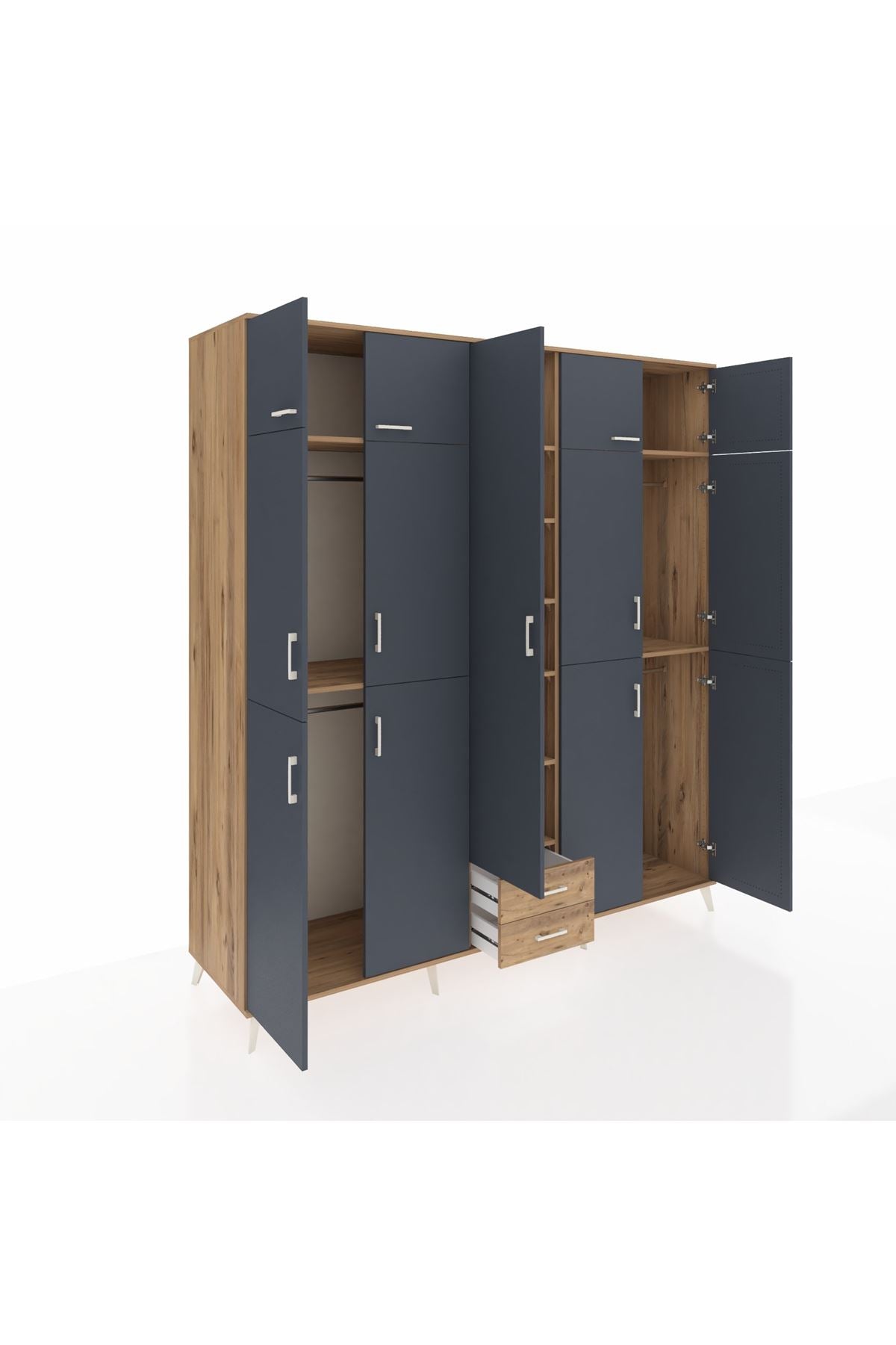 Kronos Dolap 10 Raflı 2 Çekmeceli 4 Askılı 220x59x243 Çam-Antrasit/Çam