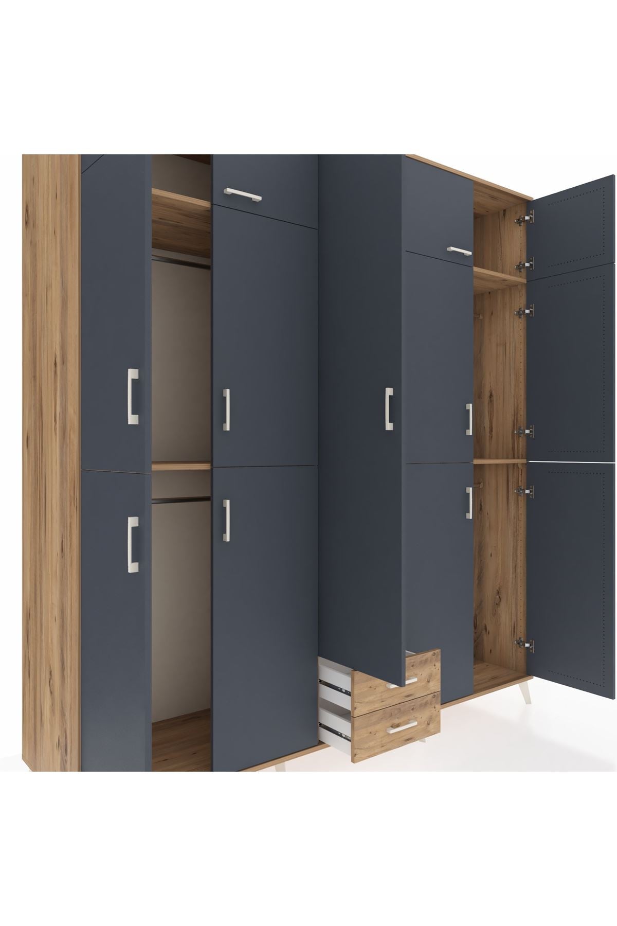 Kronos Dolap 10 Raflı 2 Çekmeceli 4 Askılı 220x59x243 Çam-Antrasit/Çam