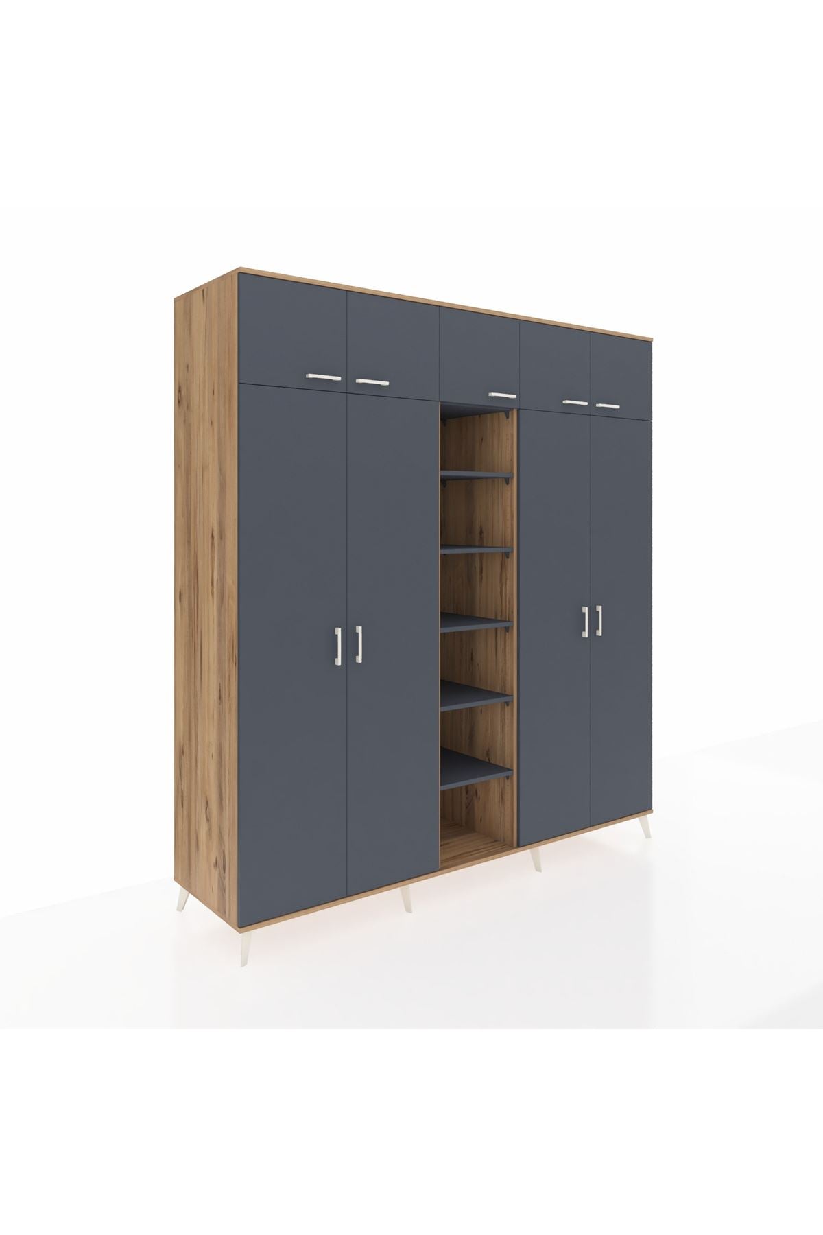 Kronos Dolap 18 Raflı 9 Kapaklı 220x59x243 Çam-Antrasit/Antrasit