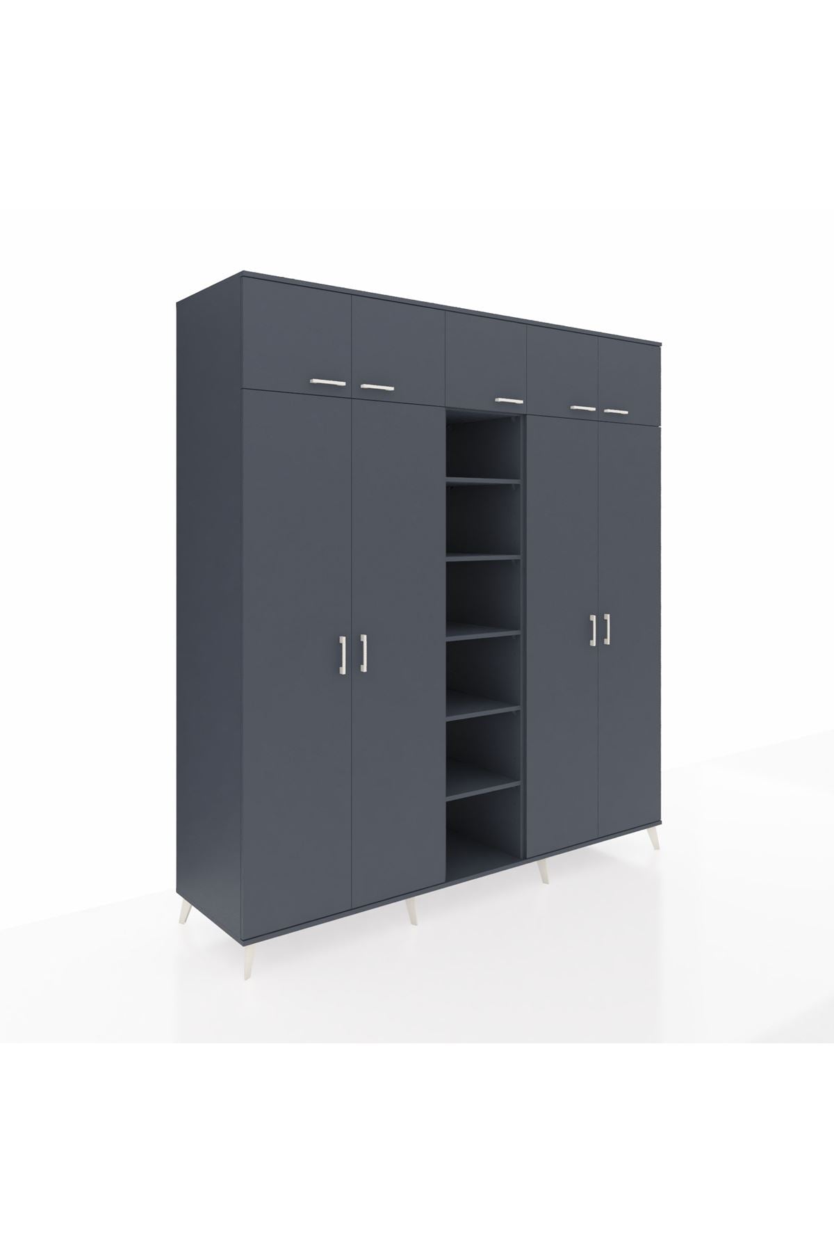 Kronos Dolap 12 Raflı 9 Kapaklı 2 Askılı 220x59x243 Antrasit-Antrasit/Antrasit