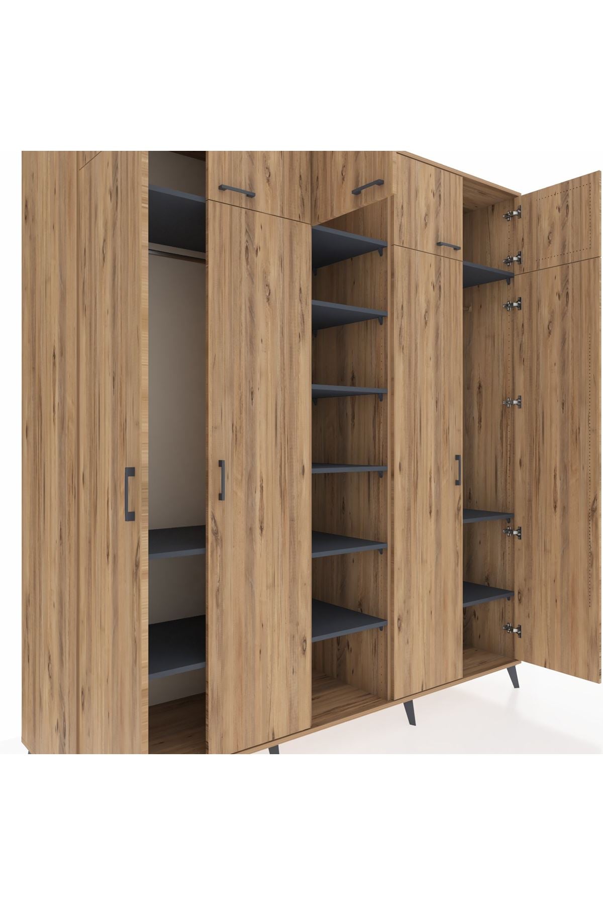 Kronos Dolap 12 Raflı 9 Kapaklı 2 Askılı 220x59x243 Çam-Çam/Antrasit