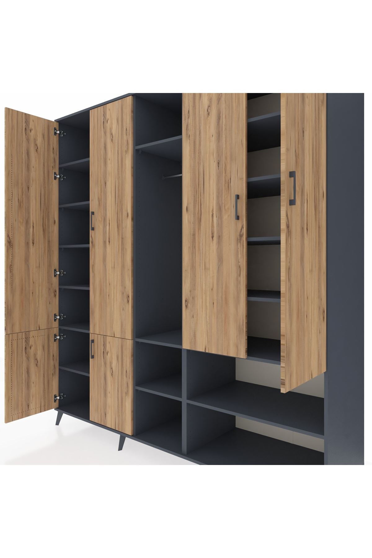 Kronos Dolap 15 Raflı 5 Kapaklı Tek Askılı 220x59x243 Antrasit-Çam/Antrasit