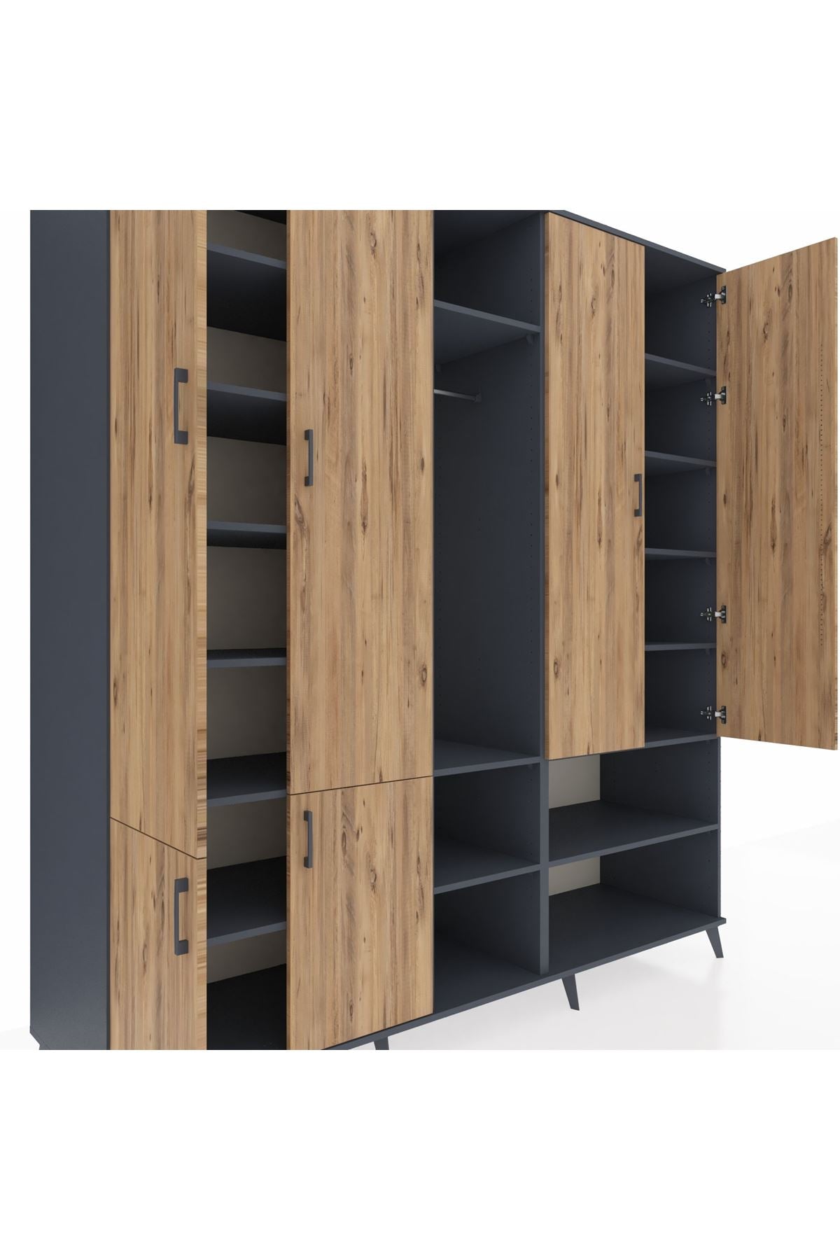 Kronos Dolap 15 Raflı 5 Kapaklı Tek Askılı 220x59x243 Antrasit-Çam/Antrasit