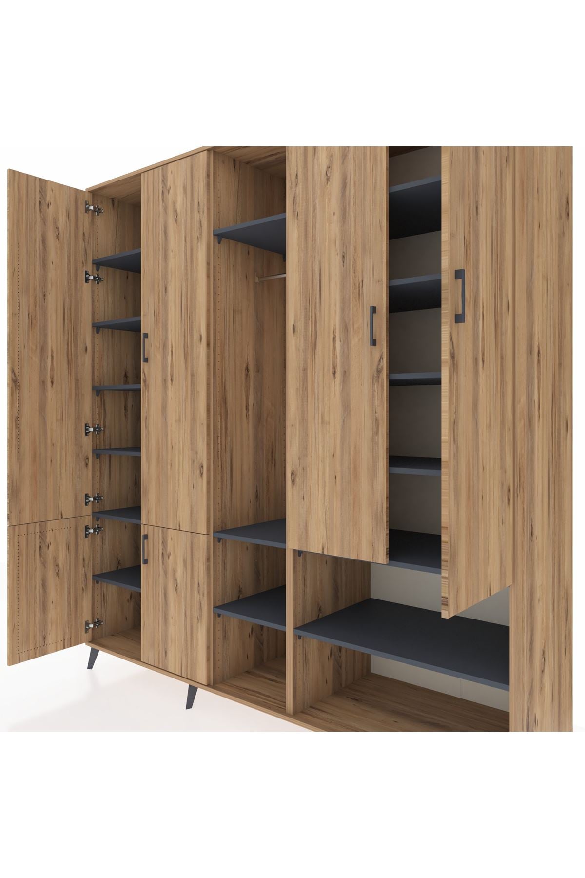 Kronos Dolap 15 Raflı 5 Kapaklı Tek Askılı 220x59x243 Çam-Çam/Antrasit