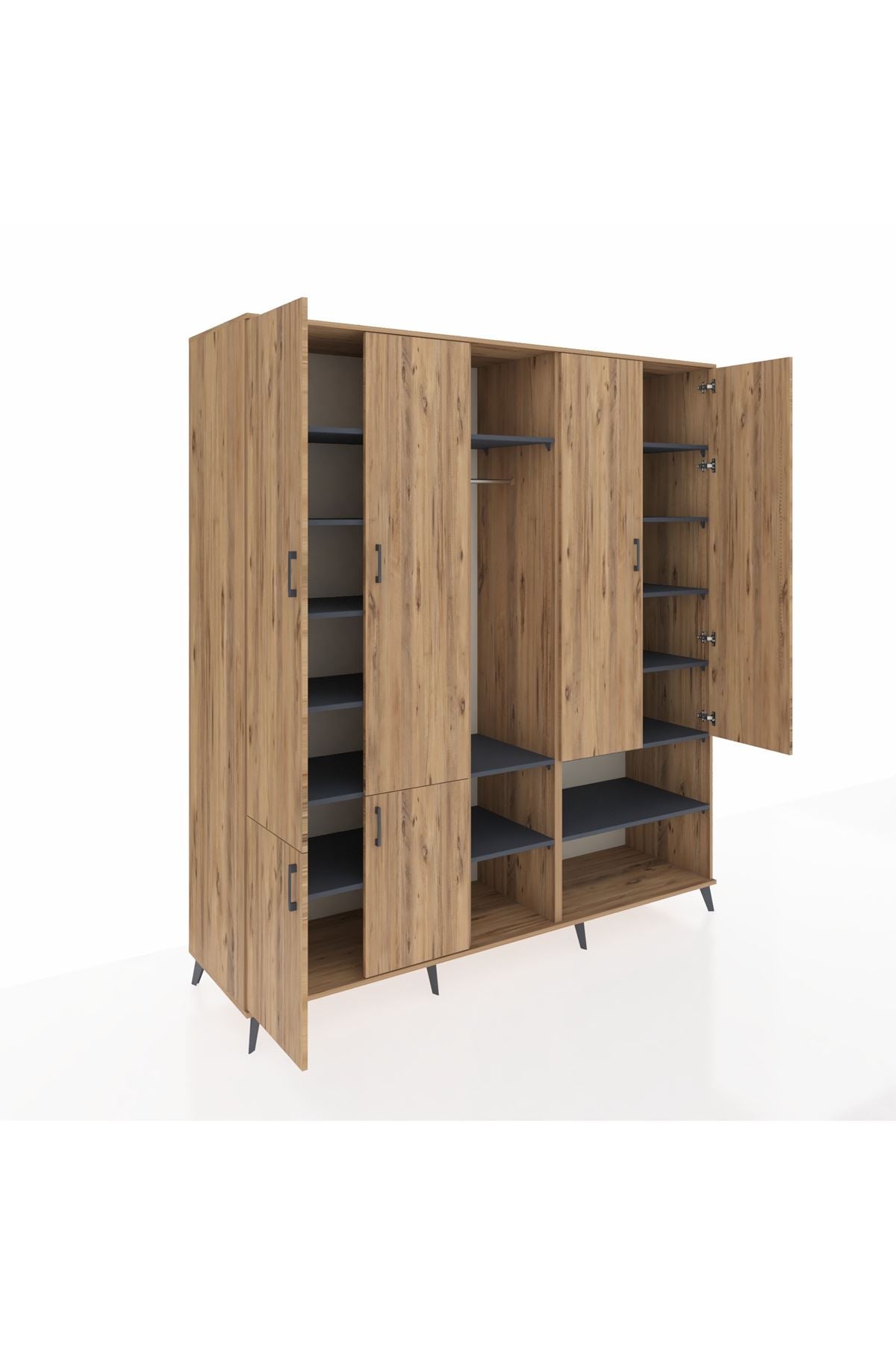 Kronos Dolap 15 Raflı 5 Kapaklı Tek Askılı 220x59x243 Çam-Çam/Antrasit