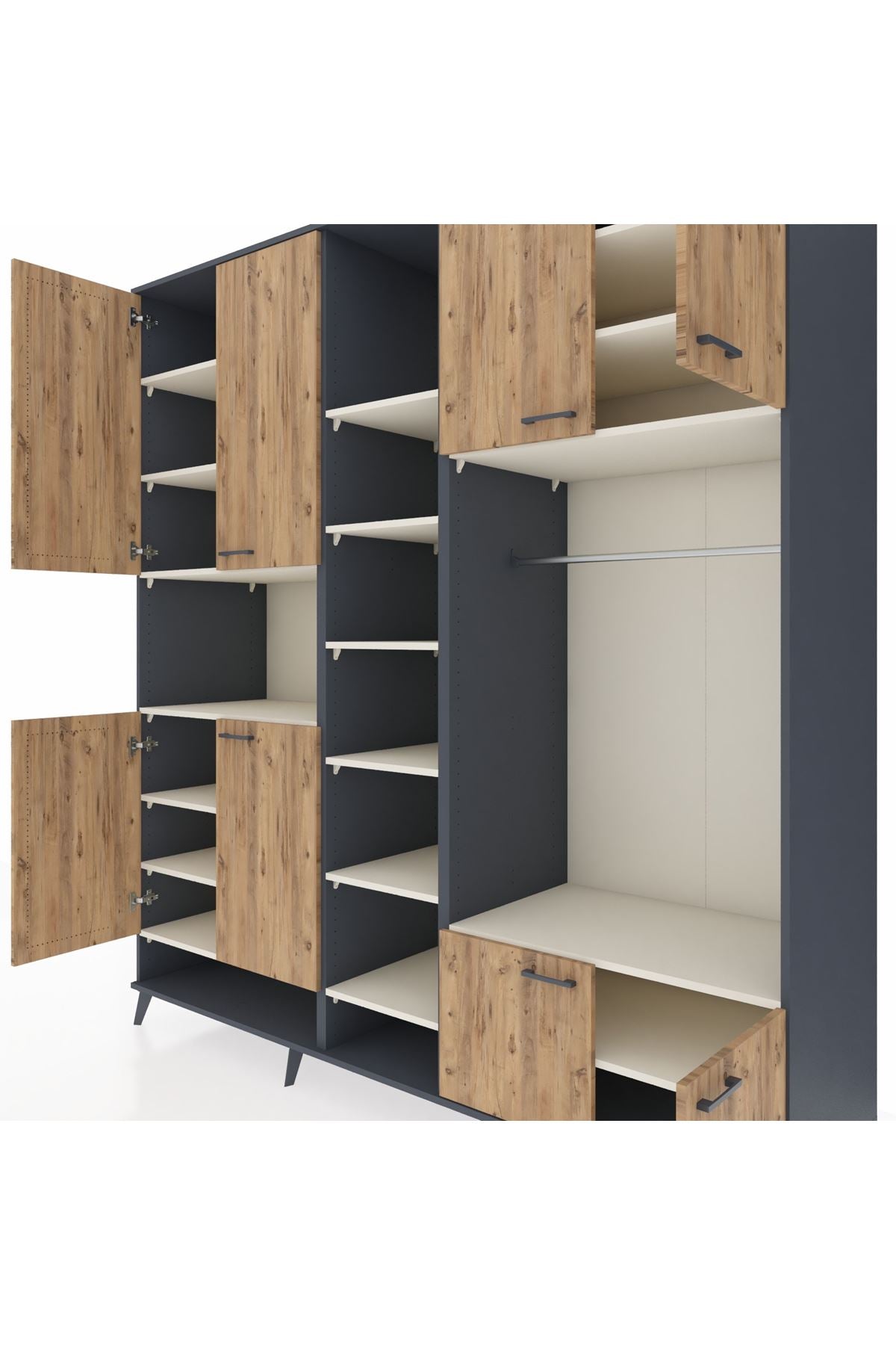 Kronos Dolap 18 Raflı 8 Kapaklı Tek Askılı 220x59x243 Antrasit-Çam/Aytaşı