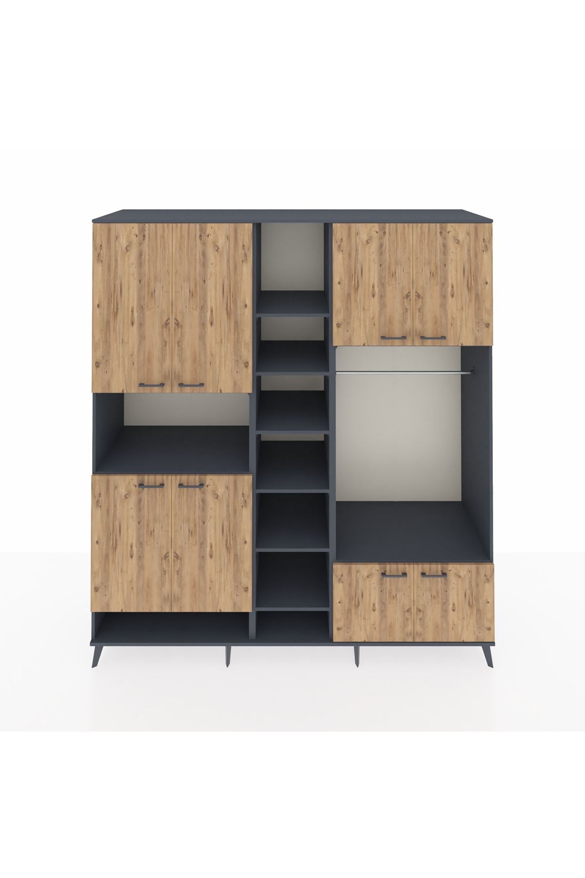 Kronos Dolap 18 Raflı 8 Kapaklı Tek Askılı 220x59x243 Antrasit-Çam/Antrasit