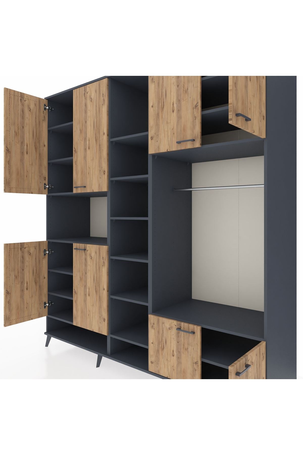 Kronos Dolap 18 Raflı 8 Kapaklı Tek Askılı 220x59x243 Antrasit-Çam/Antrasit