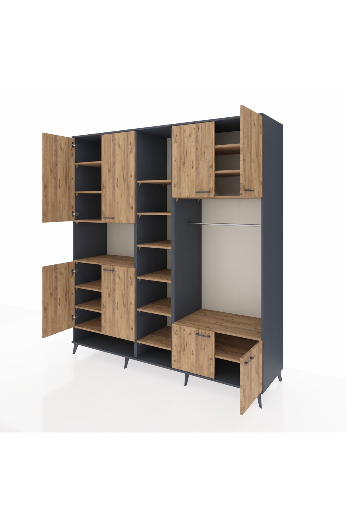 Kronos Dolap 18 Raflı 8 Kapaklı Tek Askılı 220x59x243 Antrasit-Çam/Çam