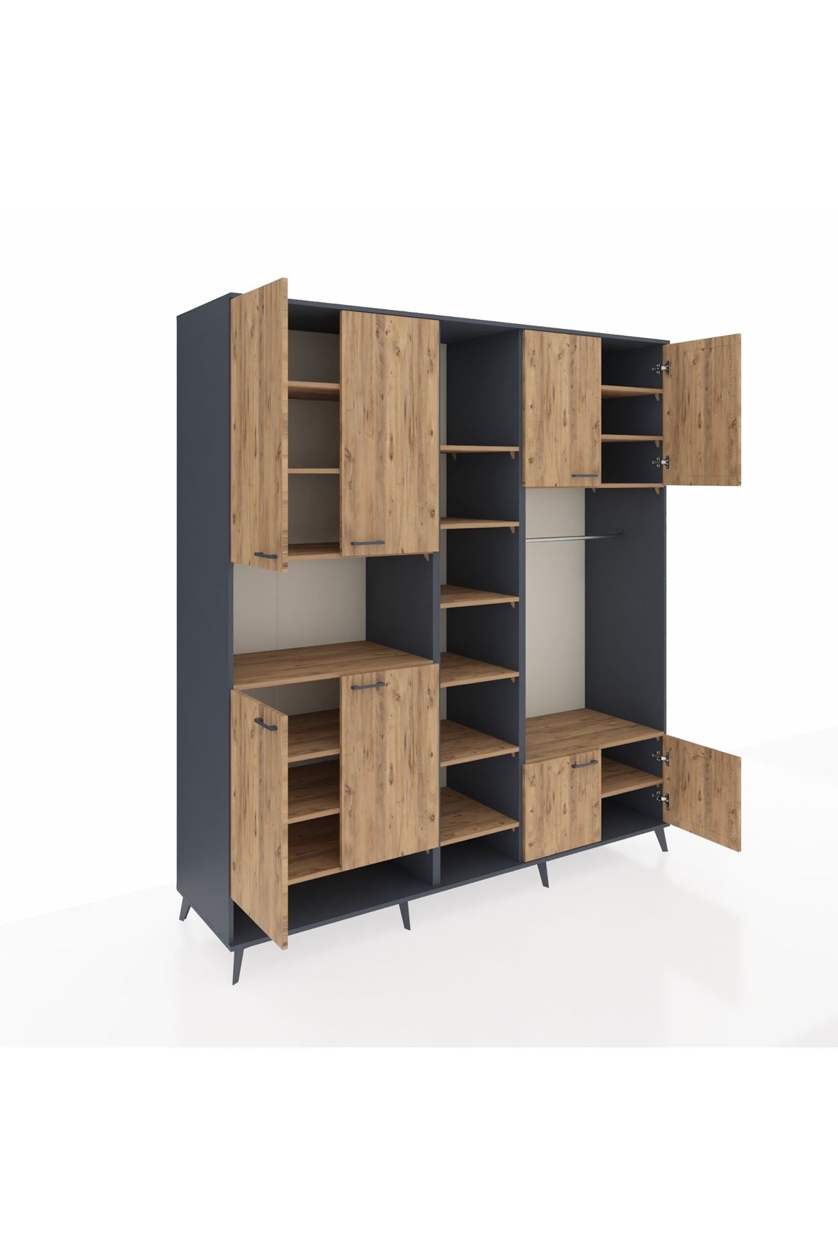 Kronos Dolap 18 Raflı 8 Kapaklı Tek Askılı 220x59x243 Antrasit-Çam/Çam