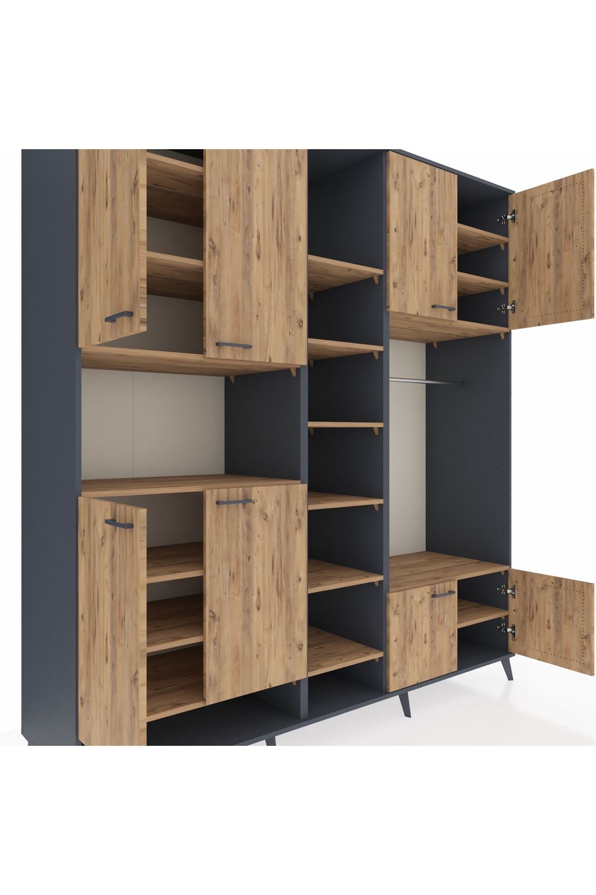 Kronos Dolap 18 Raflı 8 Kapaklı Tek Askılı 220x59x243 Antrasit-Çam/Çam