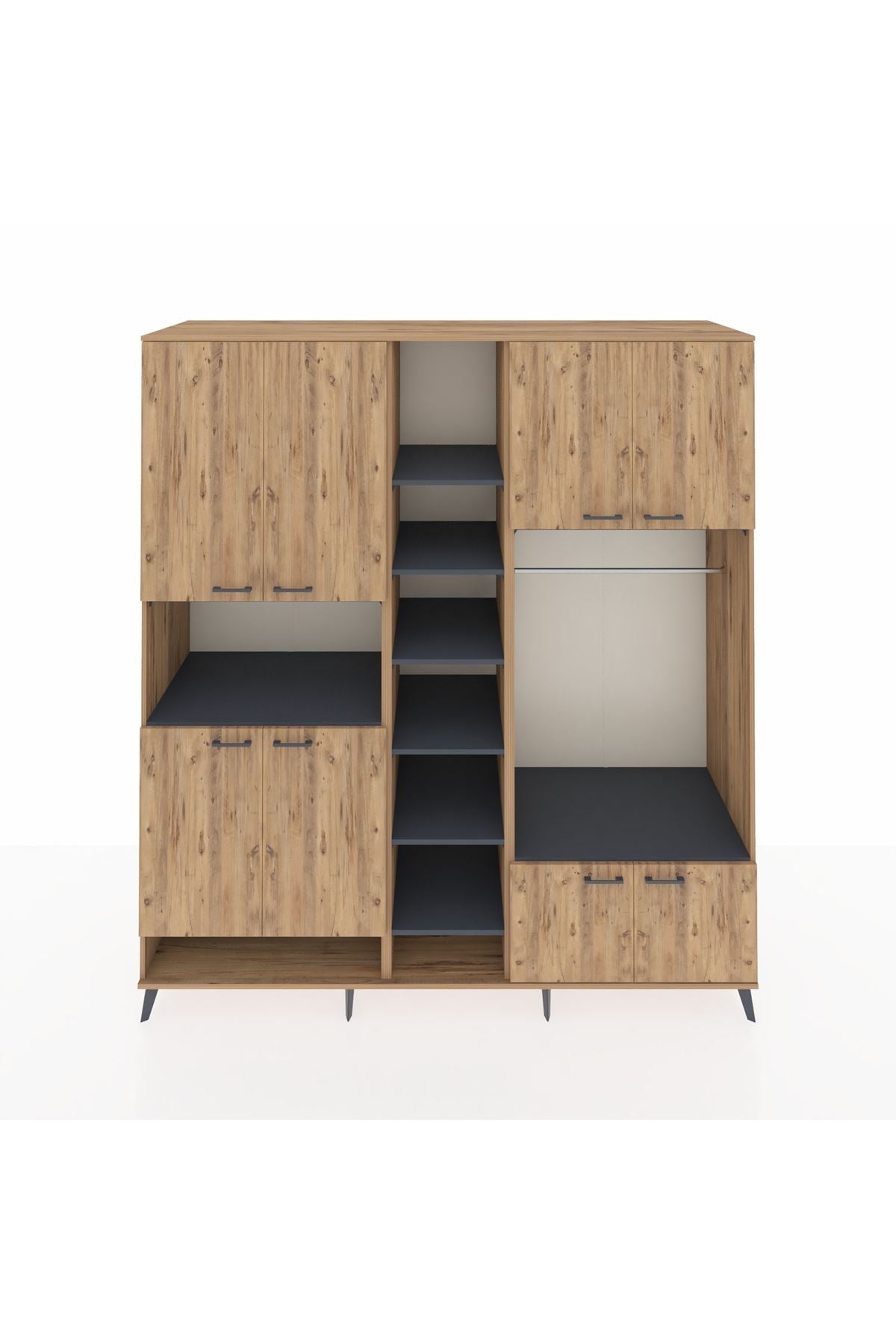 Kronos Dolap 18 Raflı 8 Kapaklı Tek Askılı 220x59x243 Çam-Çam/Antrasit