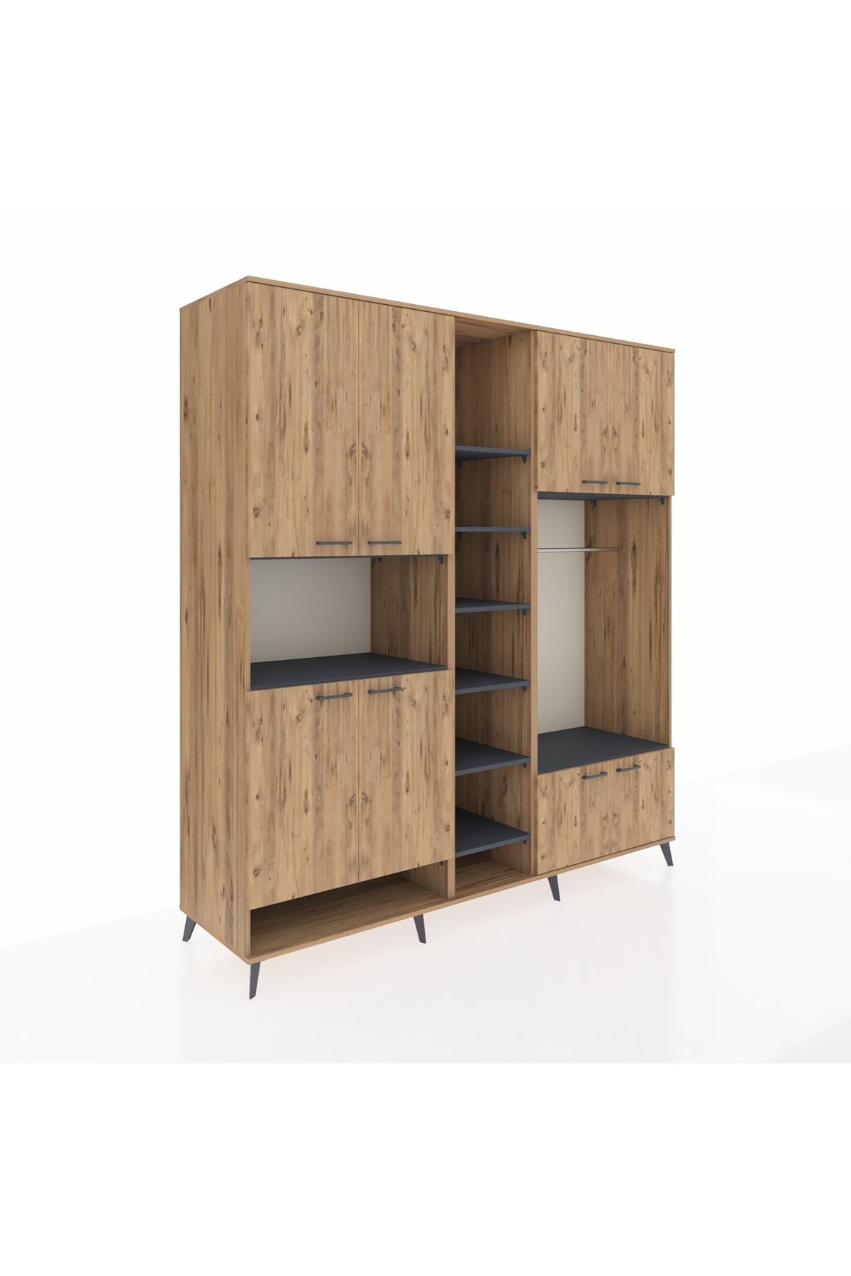 Kronos Dolap 18 Raflı 8 Kapaklı Tek Askılı 220x59x243 Çam-Çam/Antrasit