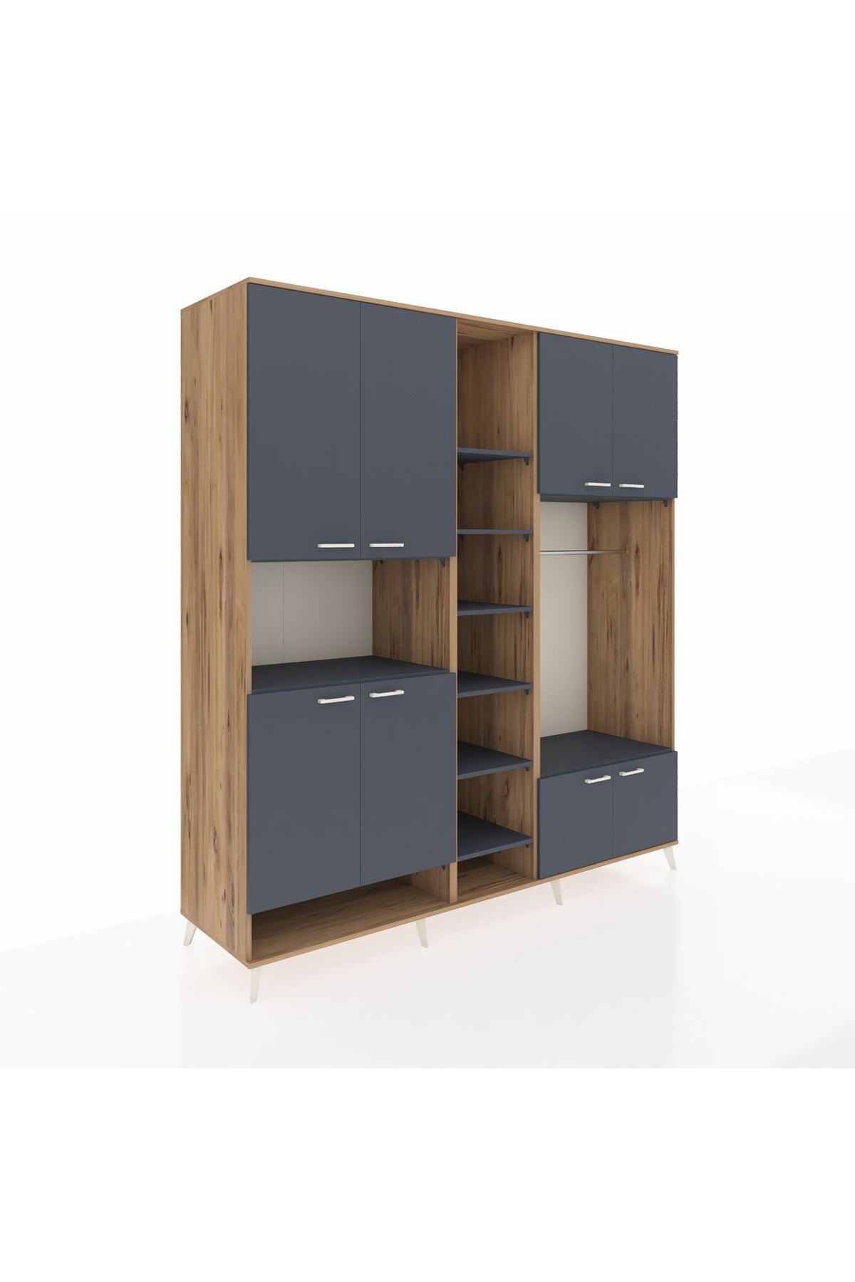 Kronos Dolap 18 Raflı 8 Kapaklı Tek Askılı 220x59x243 Çam-Antrasit/Antrasit