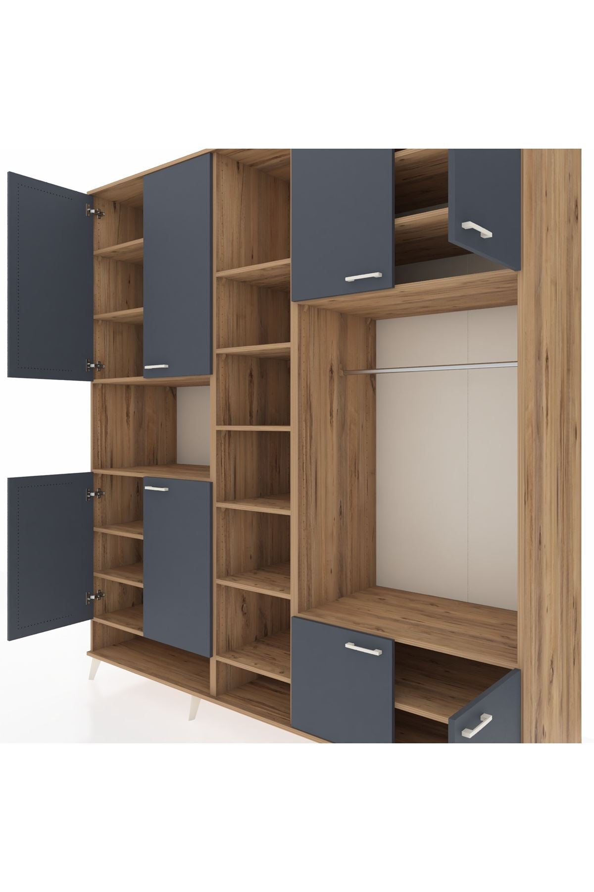 Kronos Dolap 18 Raflı 8 Kapaklı Tek Askılı 220x59x243 Çam-Antrasit/Çam