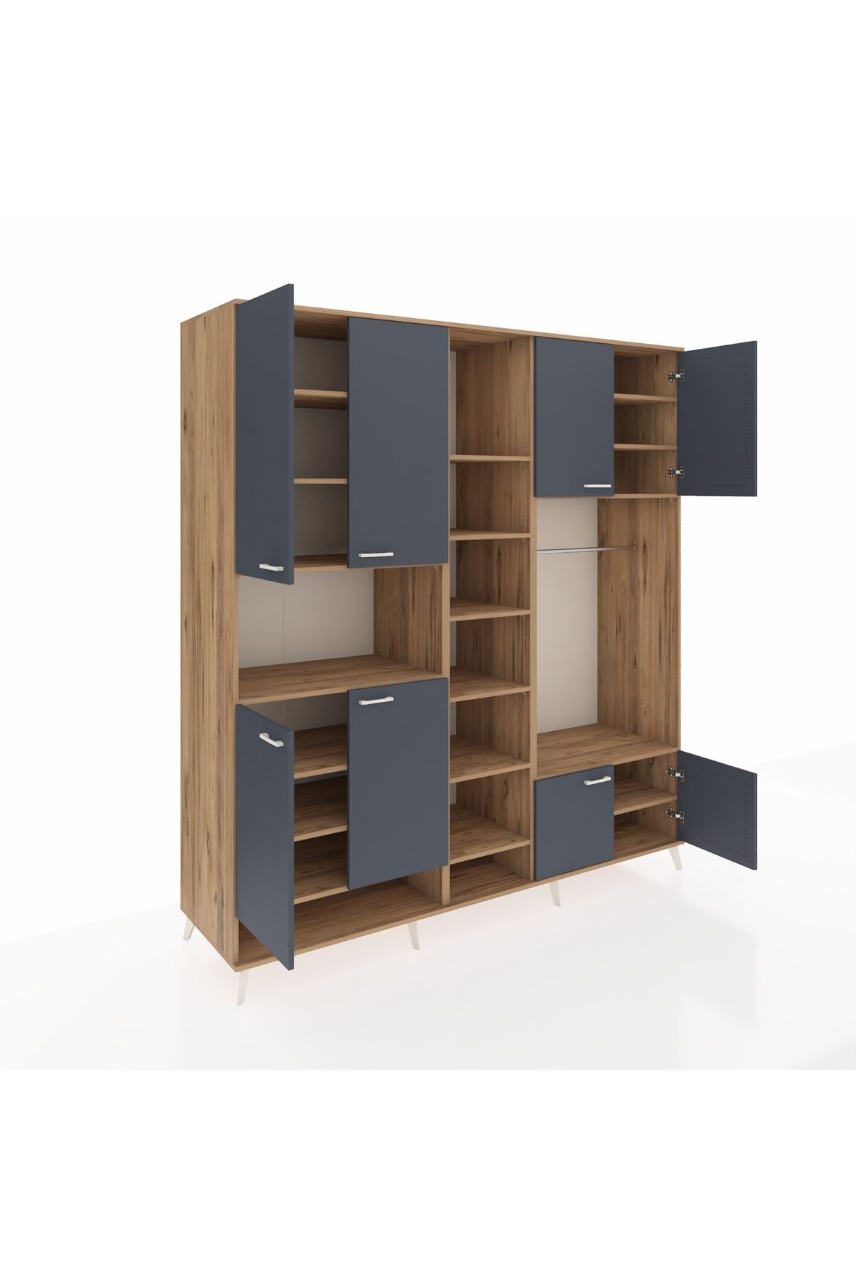 Kronos Dolap 18 Raflı 8 Kapaklı Tek Askılı 220x59x243 Çam-Antrasit/Çam