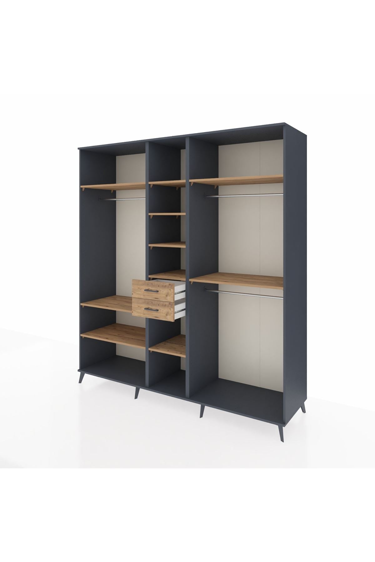 Kronos Dolap 10 Raflı 2 Çekmeceli 3 Askılı 220x59x243 Antrasit-Çam/Çam