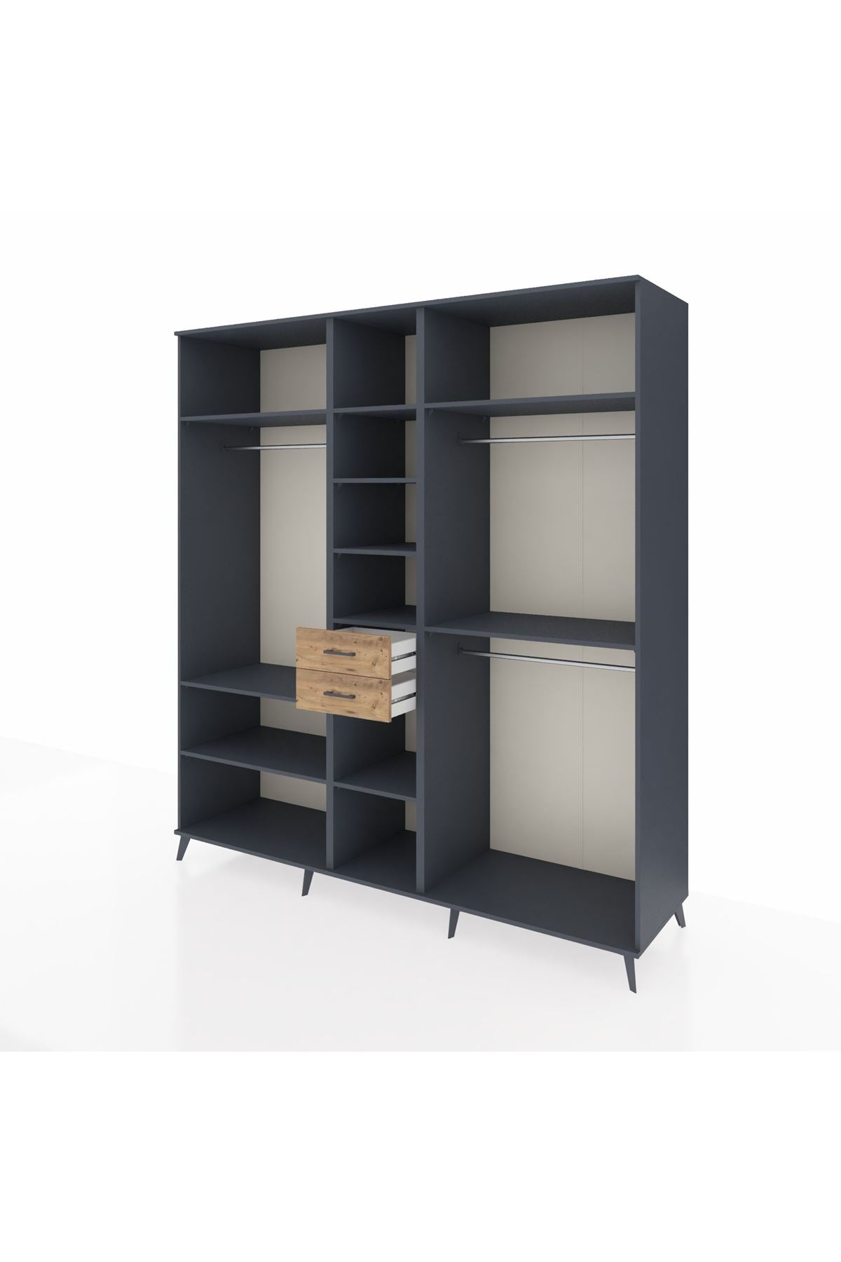 Kronos Dolap 10 Raflı 2 Çekmeceli 3 Askılı 220x59x243 Antrasit-Antrasit/Çam