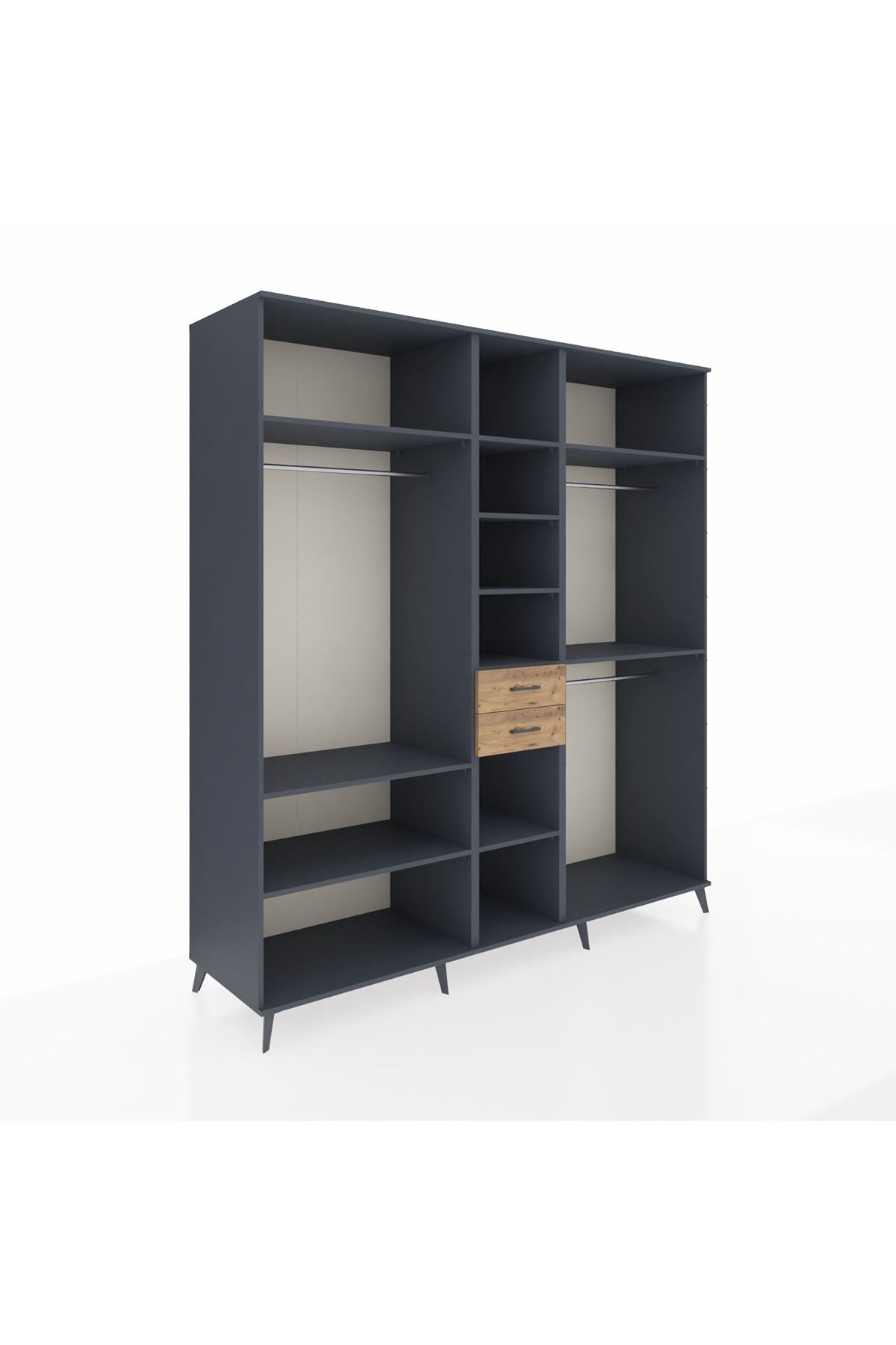 Kronos Dolap 10 Raflı 2 Çekmeceli 3 Askılı 220x59x243 Antrasit-Antrasit/Çam