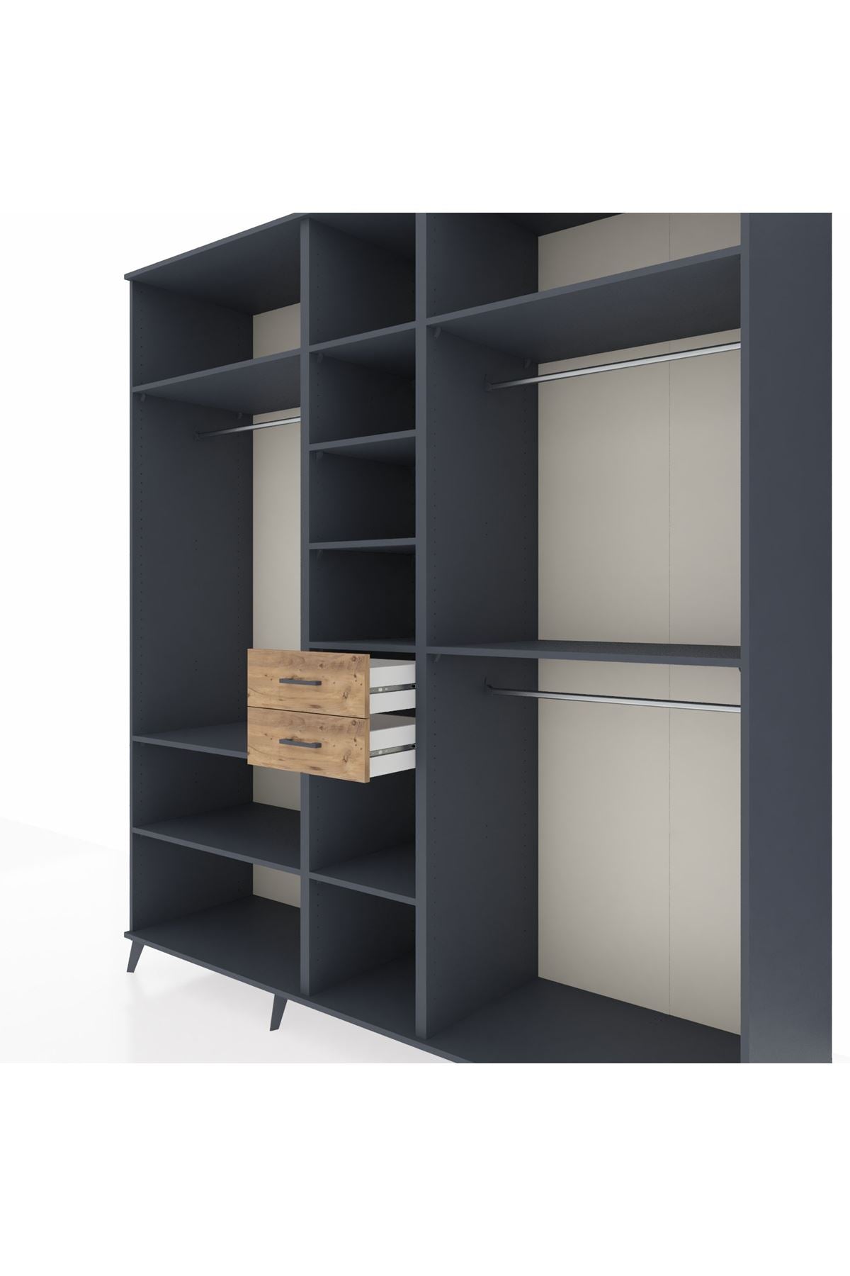 Kronos Dolap 10 Raflı 2 Çekmeceli 3 Askılı 220x59x243 Antrasit-Antrasit/Çam