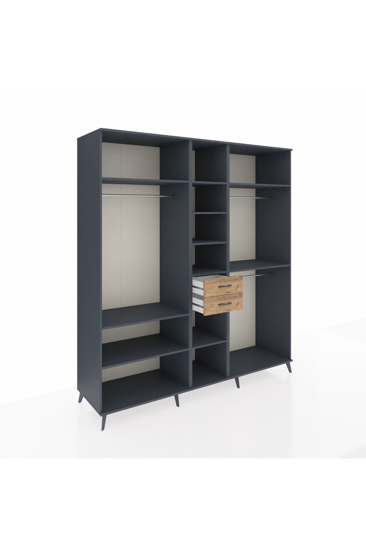 Kronos Dolap 10 Raflı 2 Çekmeceli 3 Askılı 220x59x243 Antrasit-Antrasit/Çam