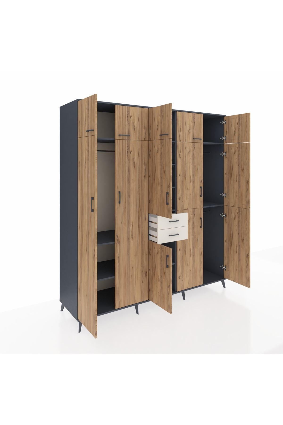 Kronos Dolap 10 Raflı 2 Çekmeceli 3 Askılı 220x59x243 Antrasit-Çam/Aytaşı