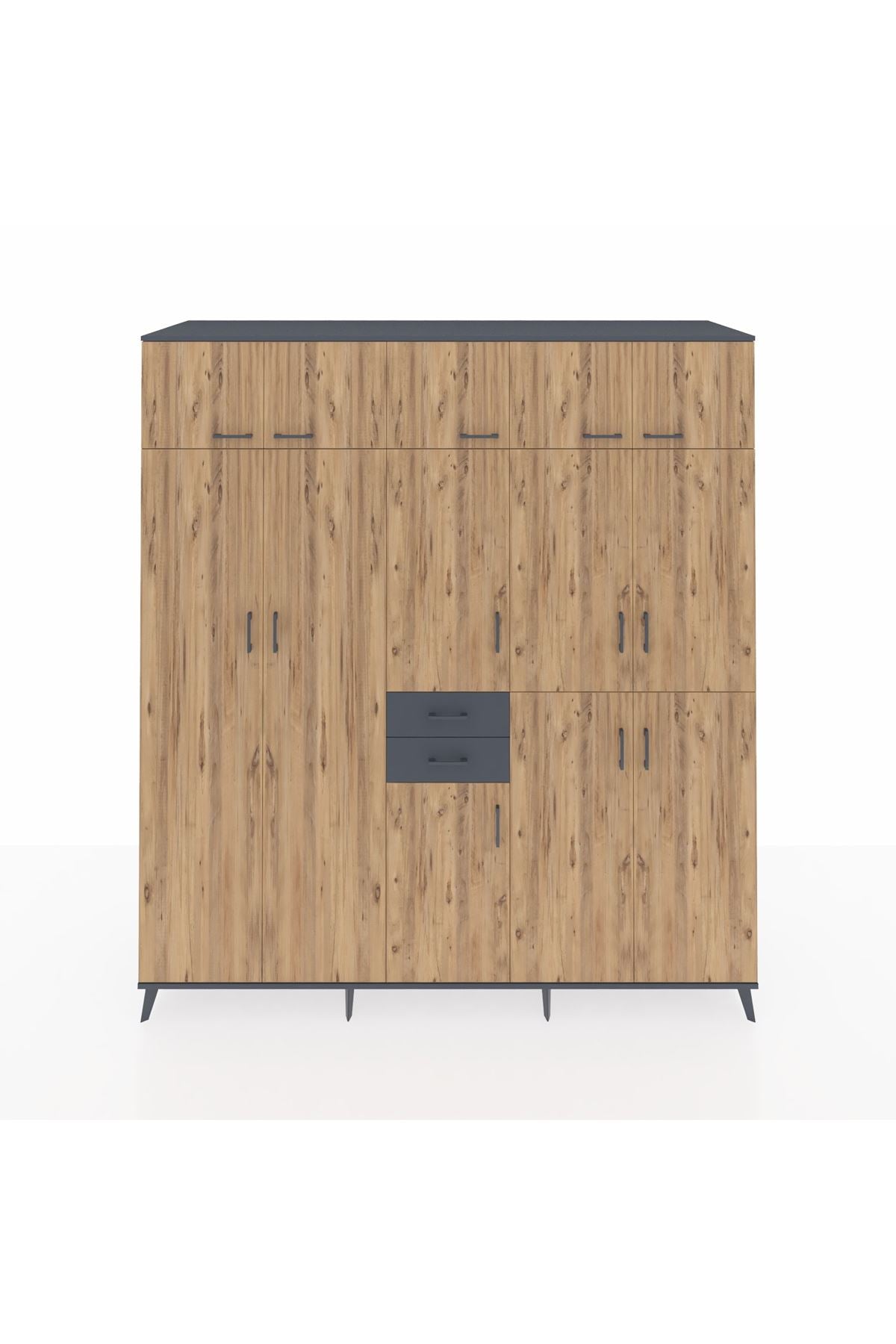 Kronos Dolap 10 Raflı 2 Çekmeceli 3 Askılı 220x59x243 Antrasit-Çam/Antrasit