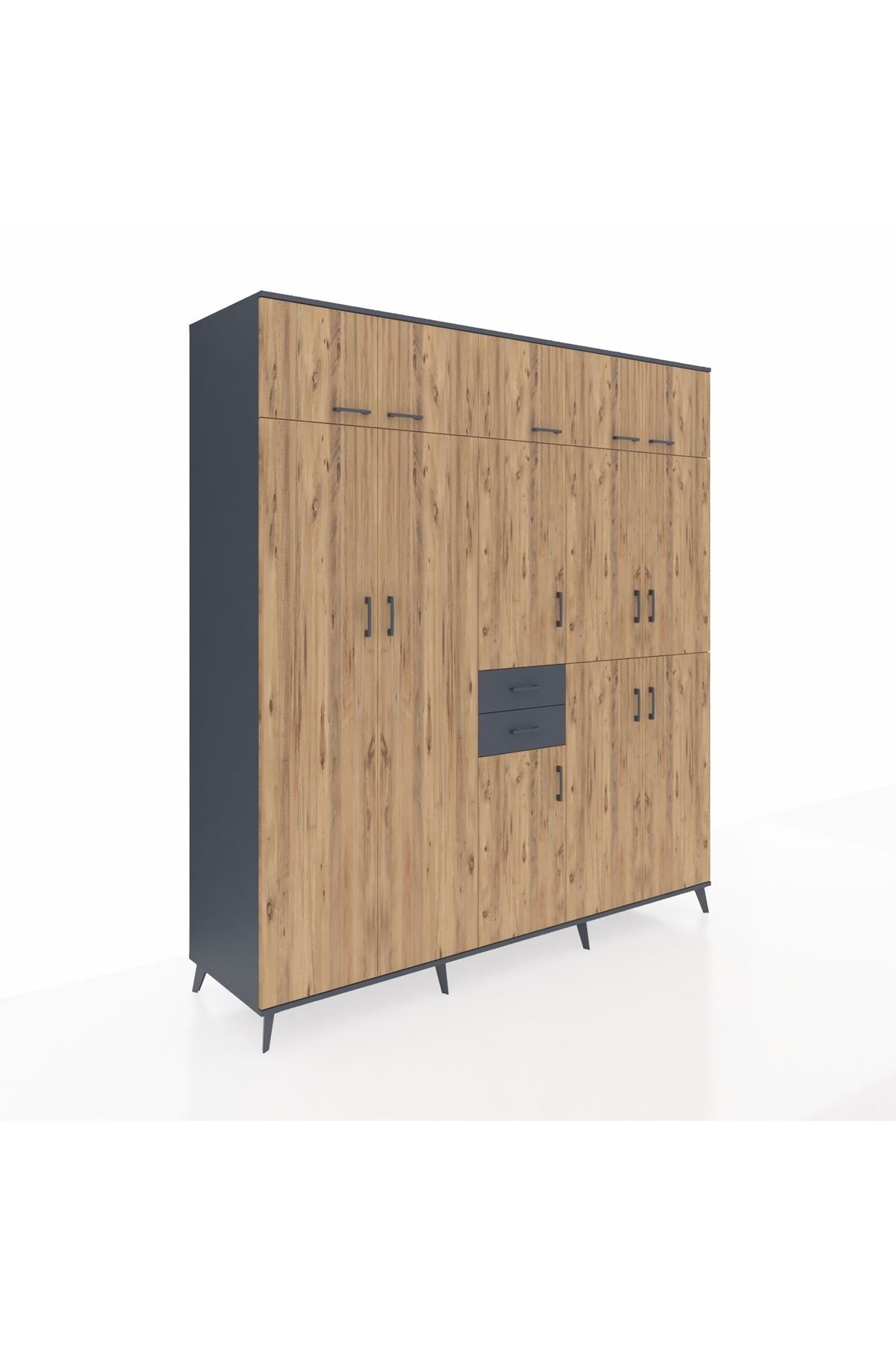 Kronos Dolap 10 Raflı 2 Çekmeceli 3 Askılı 220x59x243 Antrasit-Çam/Antrasit