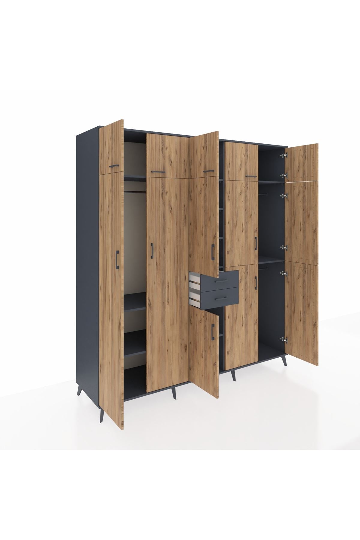 Kronos Dolap 10 Raflı 2 Çekmeceli 3 Askılı 220x59x243 Antrasit-Çam/Antrasit