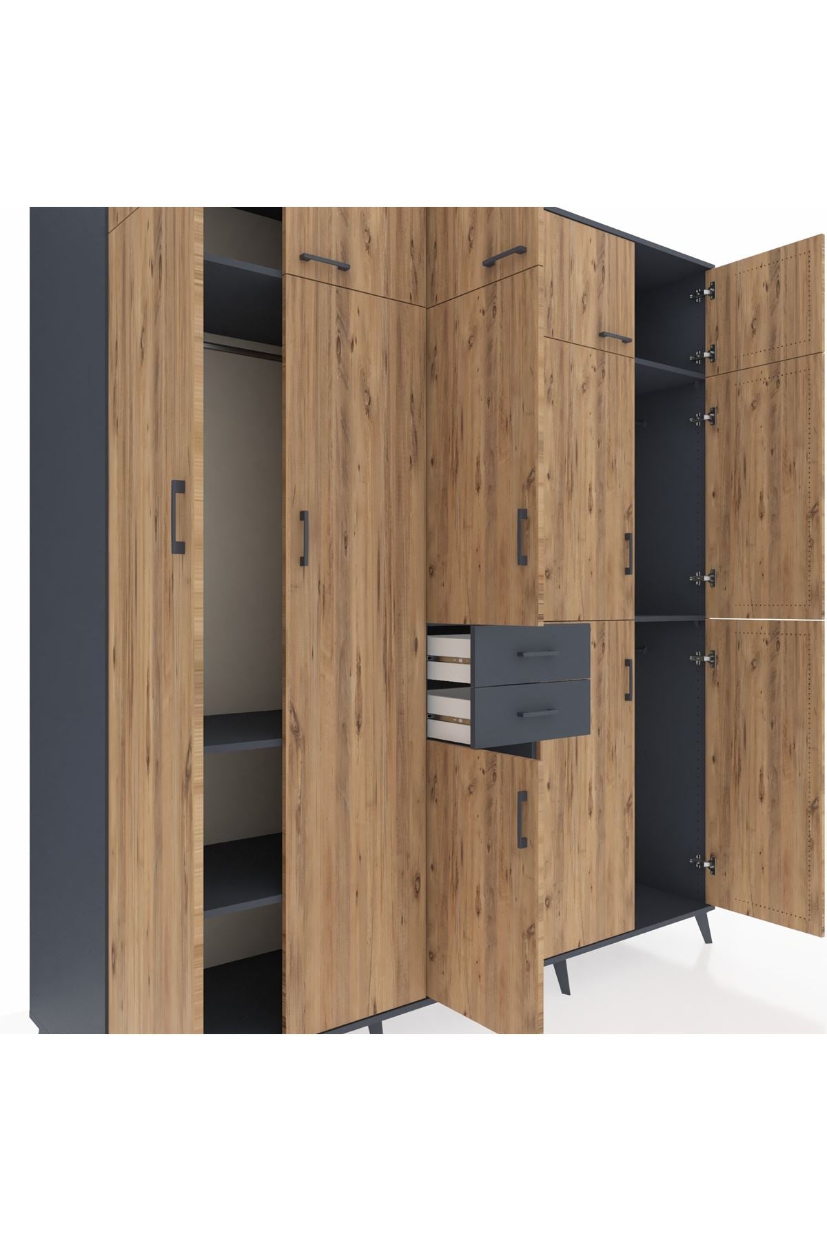 Kronos Dolap 10 Raflı 2 Çekmeceli 3 Askılı 220x59x243 Antrasit-Çam/Antrasit