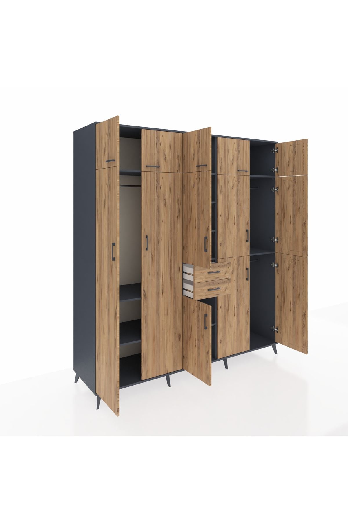 Kronos Dolap 10 Raflı 2 Çekmeceli 3 Askılı 220x59x243 Antrasit-Çam/Çam