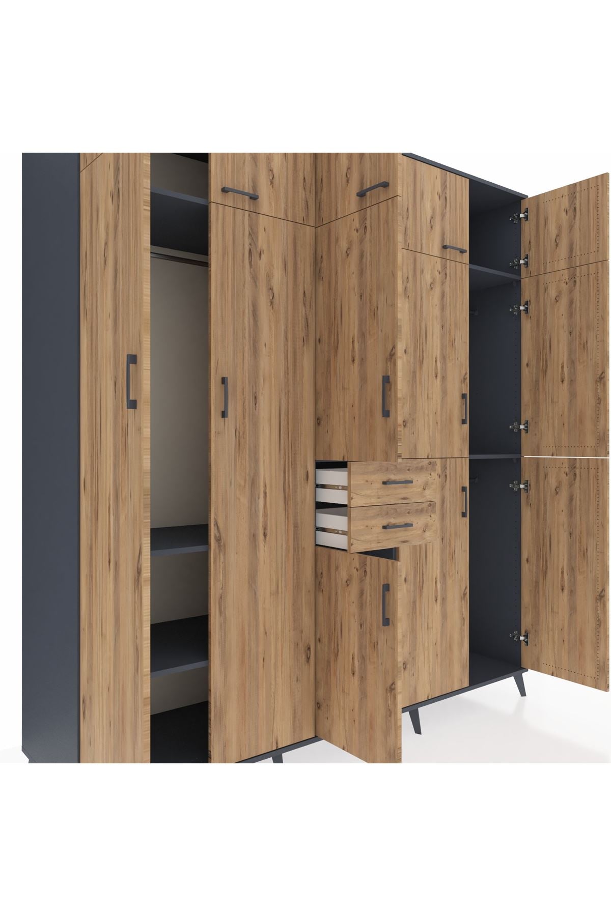 Kronos Dolap 10 Raflı 2 Çekmeceli 3 Askılı 220x59x243 Antrasit-Çam/Çam