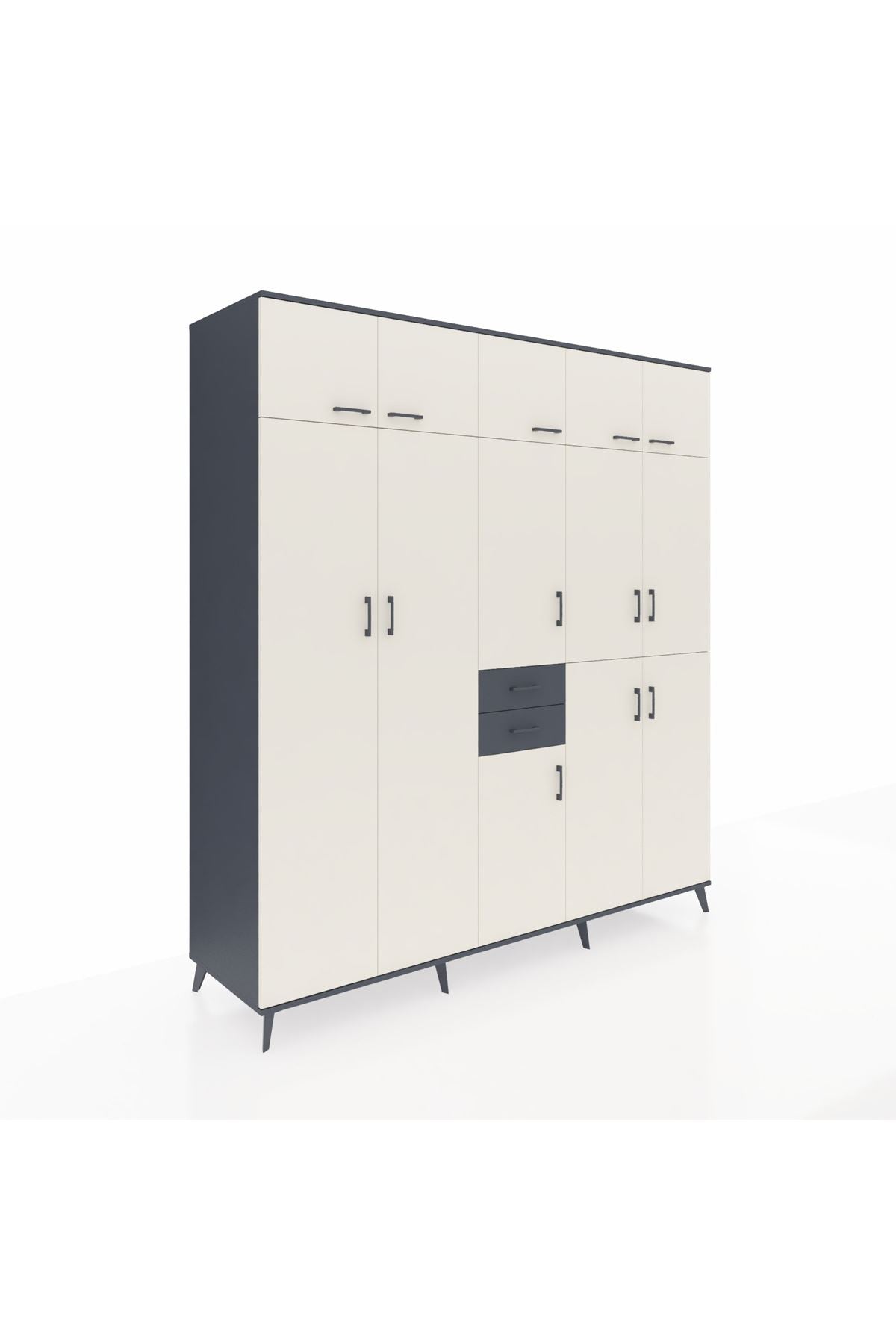 Kronos Dolap 10 Raflı 2 Çekmeceli 3 Askılı 220x59x243 Antrasit-Aytaşı/Antrasit