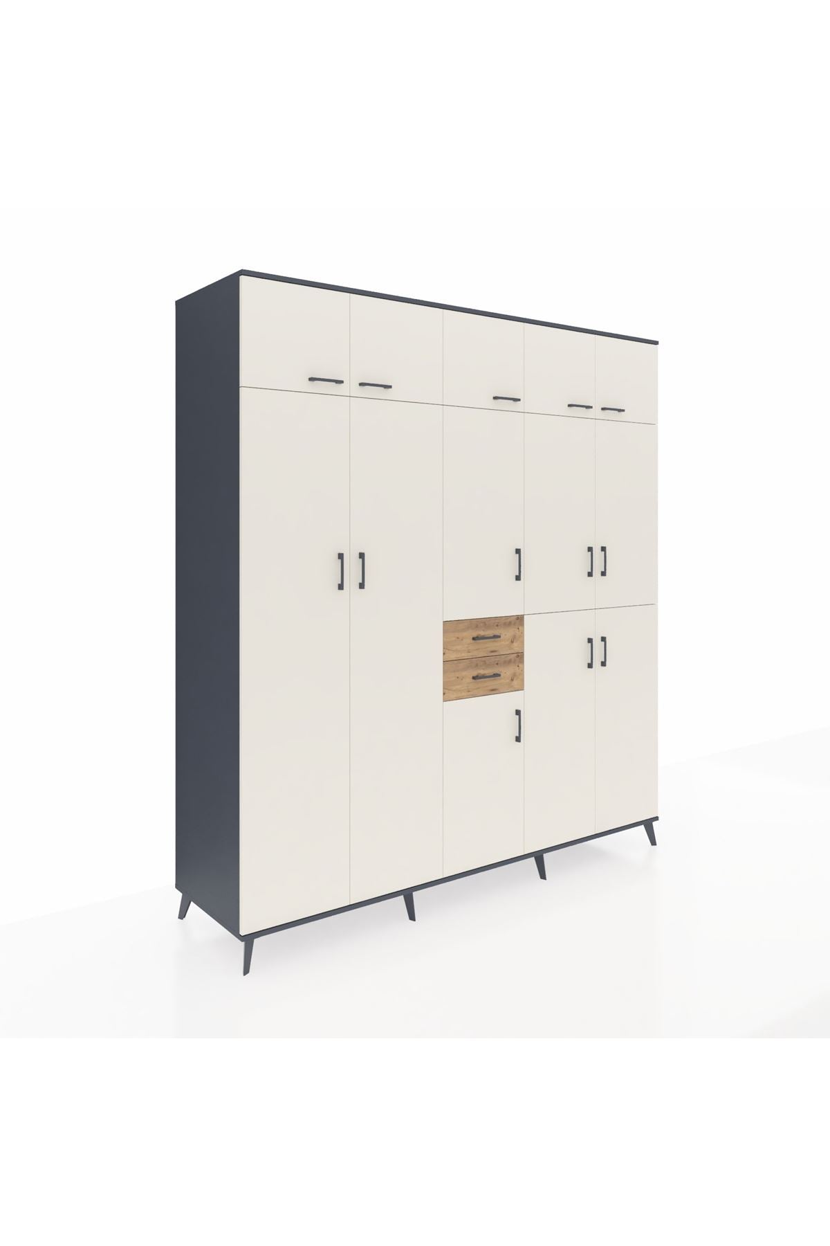 Kronos Dolap 10 Raflı 2 Çekmeceli 3 Askılı 220x59x243 Antrasit-Aytaşı/Çam