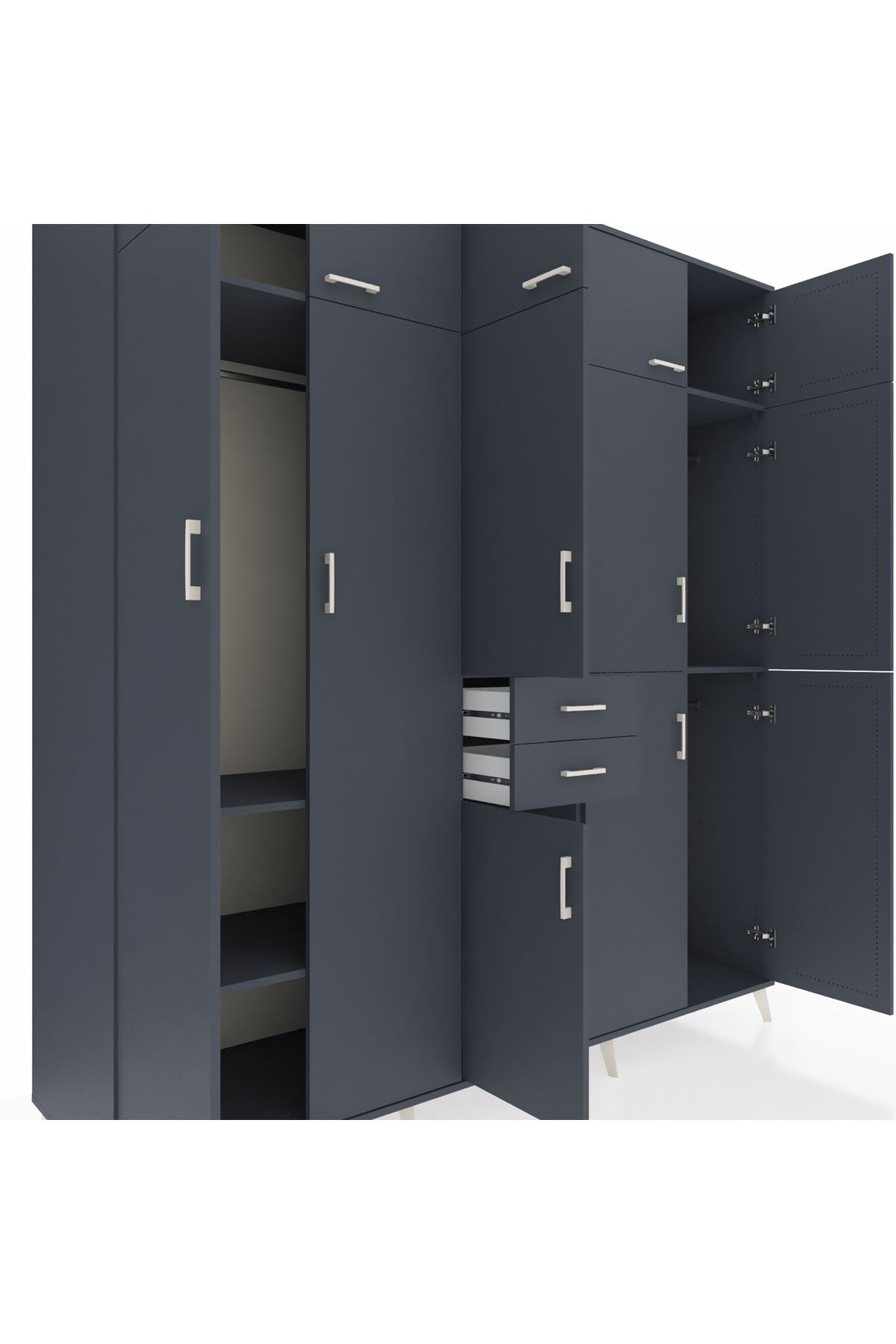 Kronos Dolap 10 Raflı 2 Çekmeceli 3 Askılı 220x59x243 Antrasit-Antrasit/Antrasit