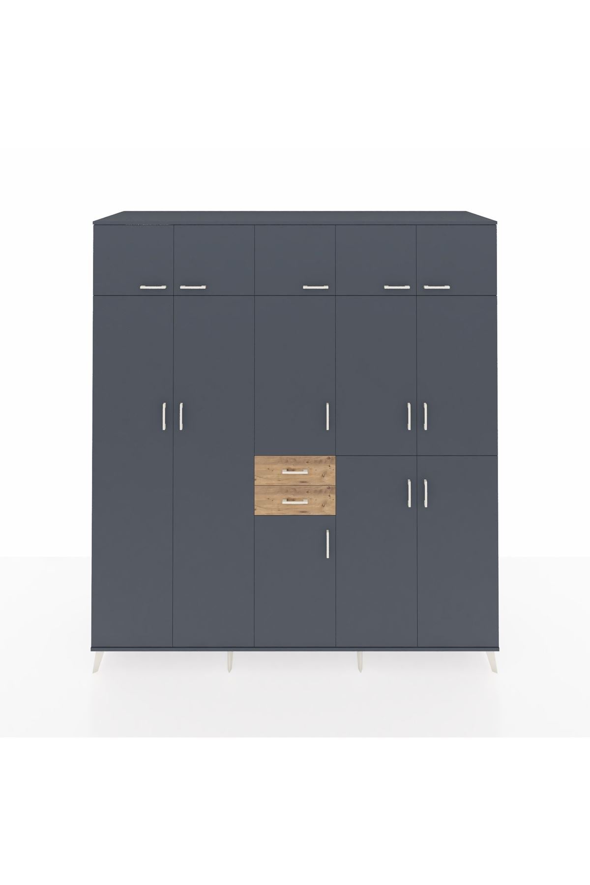 Kronos Dolap 10 Raflı 2 Çekmeceli 3 Askılı 220x59x243 Antrasit-Antrasit/Çam