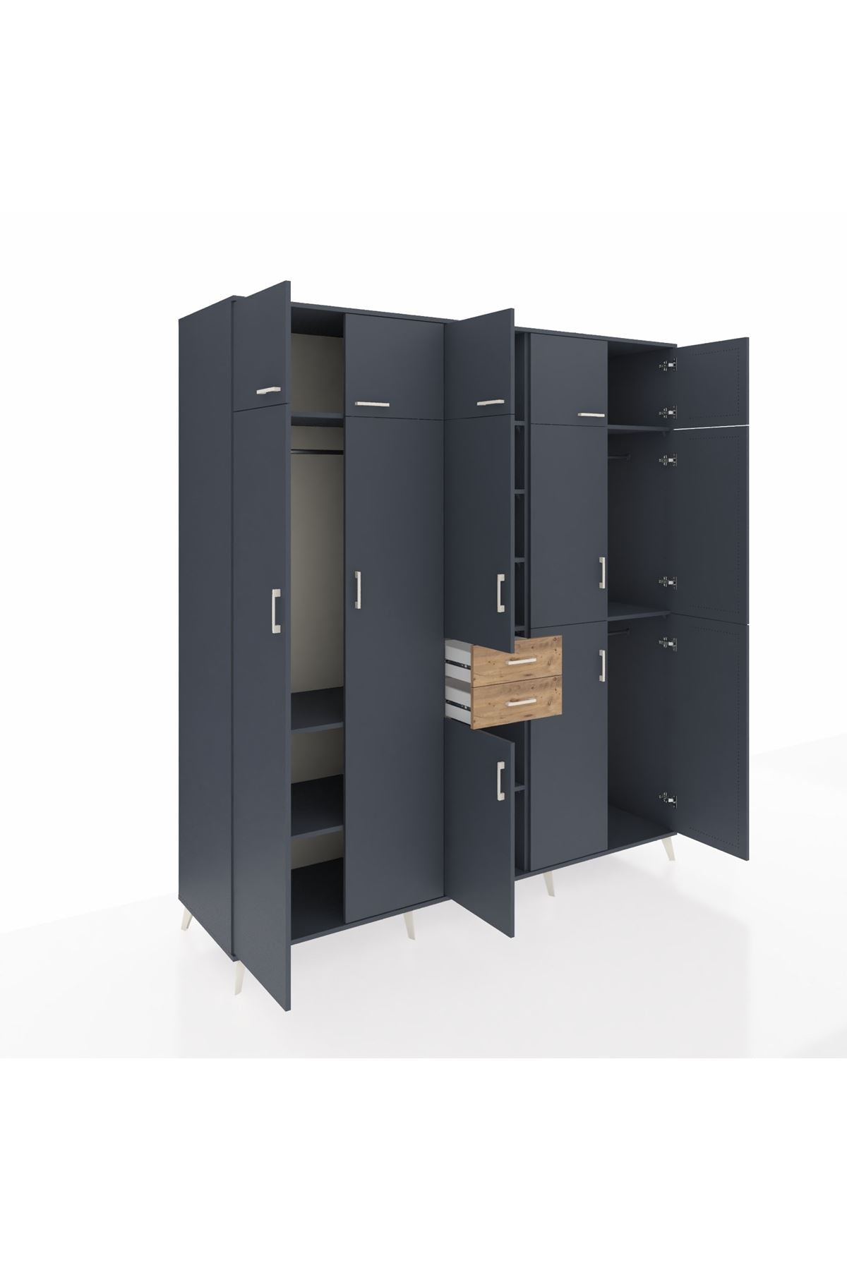 Kronos Dolap 10 Raflı 2 Çekmeceli 3 Askılı 220x59x243 Antrasit-Antrasit/Çam