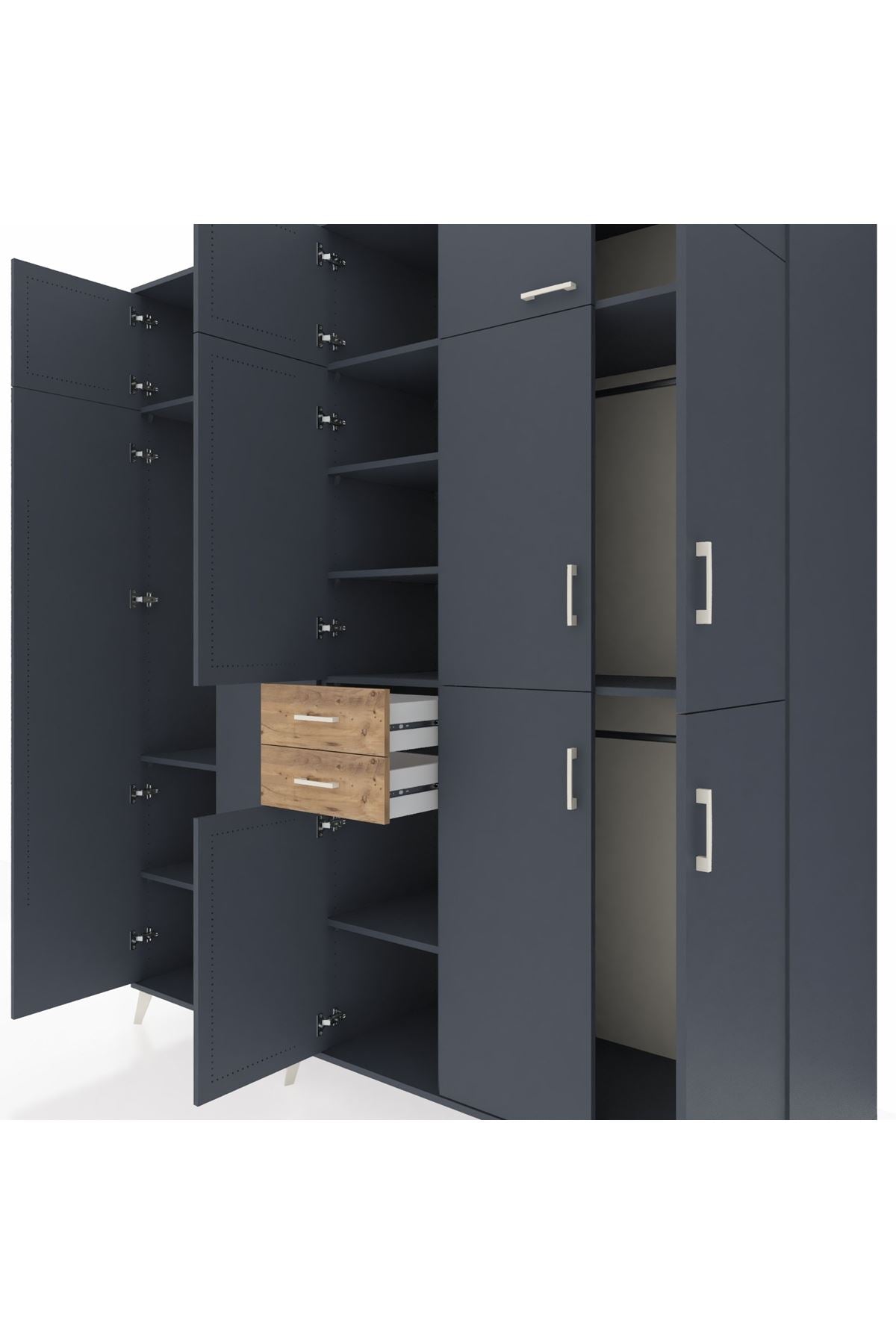 Kronos Dolap 10 Raflı 2 Çekmeceli 3 Askılı 220x59x243 Antrasit-Antrasit/Çam