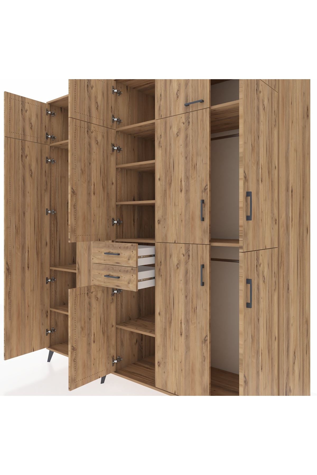 Kronos Dolap 10 Raflı 2 Çekmeceli 3 Askılı 220x59x243 Çam-Çam/Çam