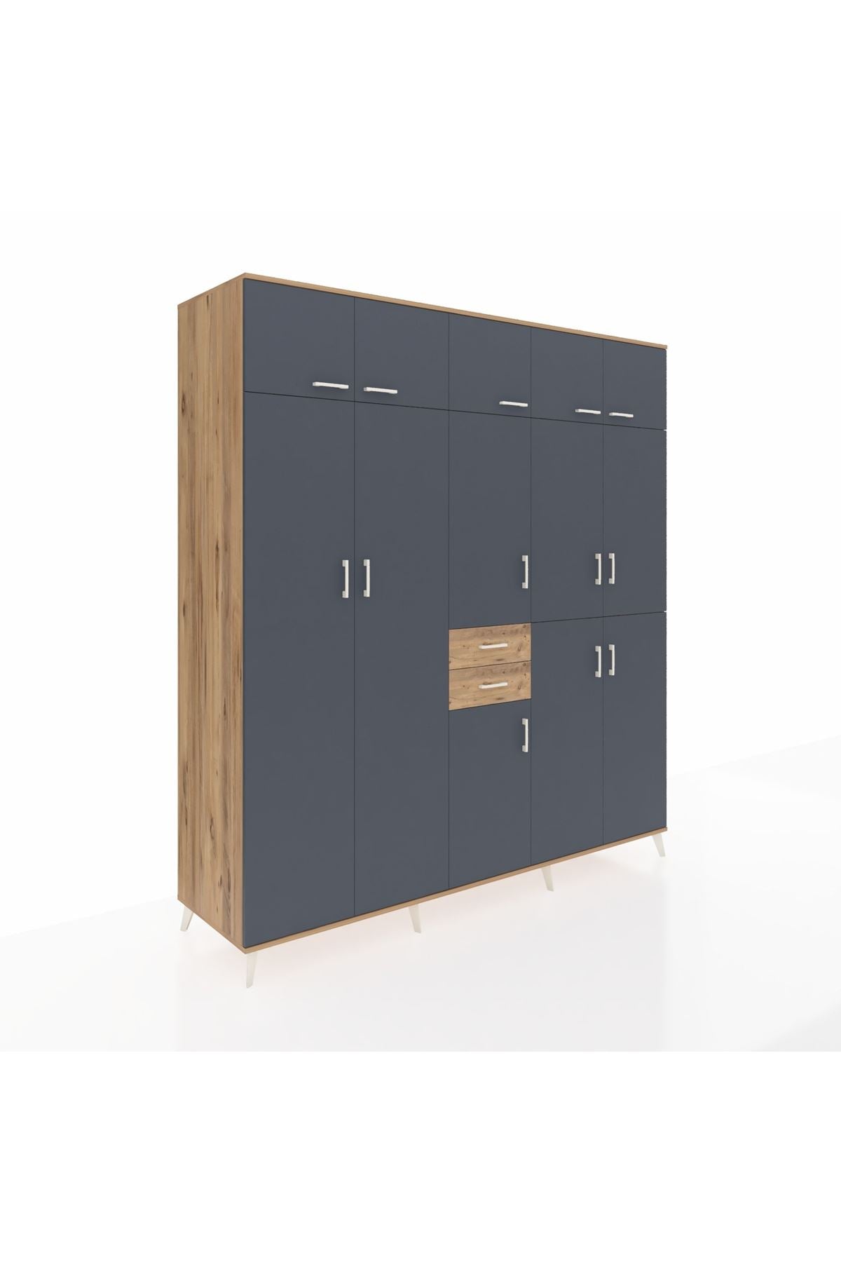 Kronos Dolap 10 Raflı 2 Çekmeceli 3 Askılı 220x59x243 Çam-Antrasit/Çam