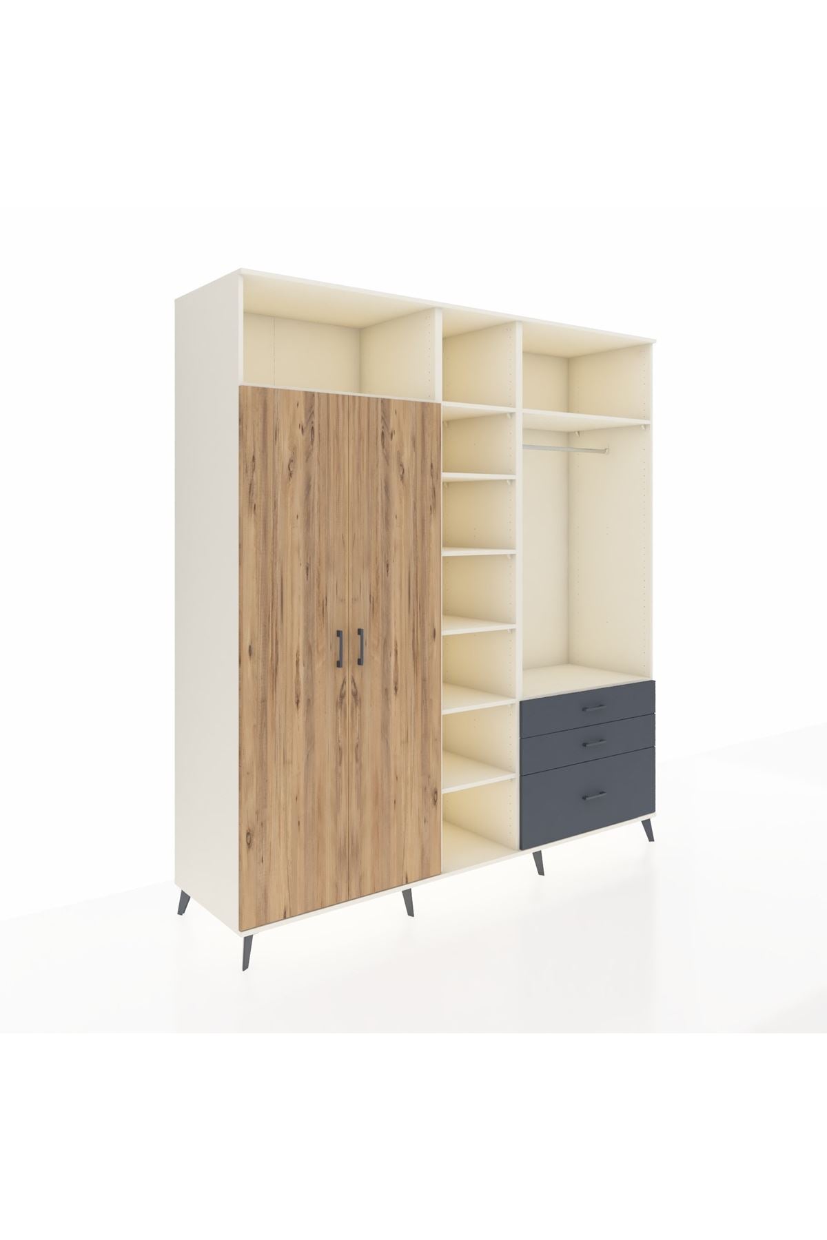 Kronos Dolap 9 Raflı 3 Çekmeceli 2 Askılı 220x59x243 Aytaşı-Çam/Antrasit