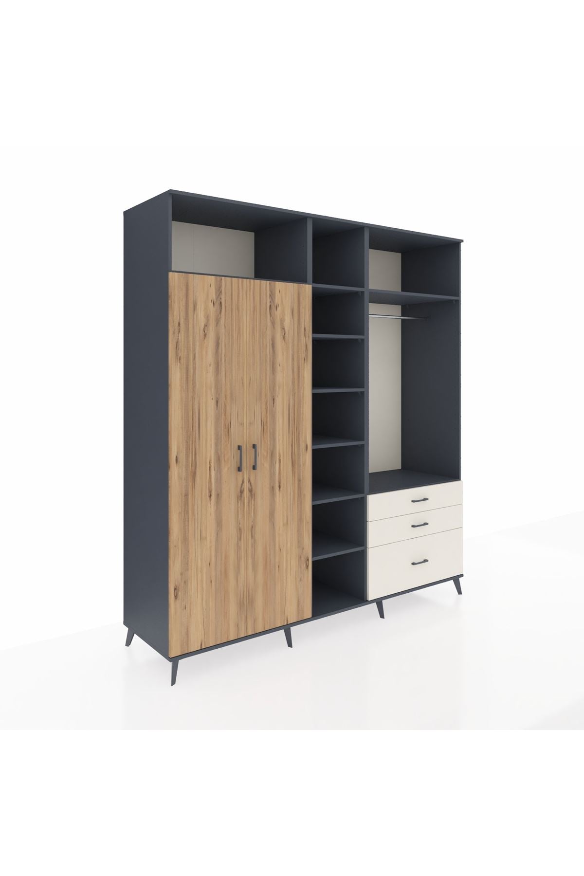 Kronos Dolap 9 Raflı 3 Çekmeceli 2 Askılı 220x59x243 Antrasit-Çam/Aytaşı