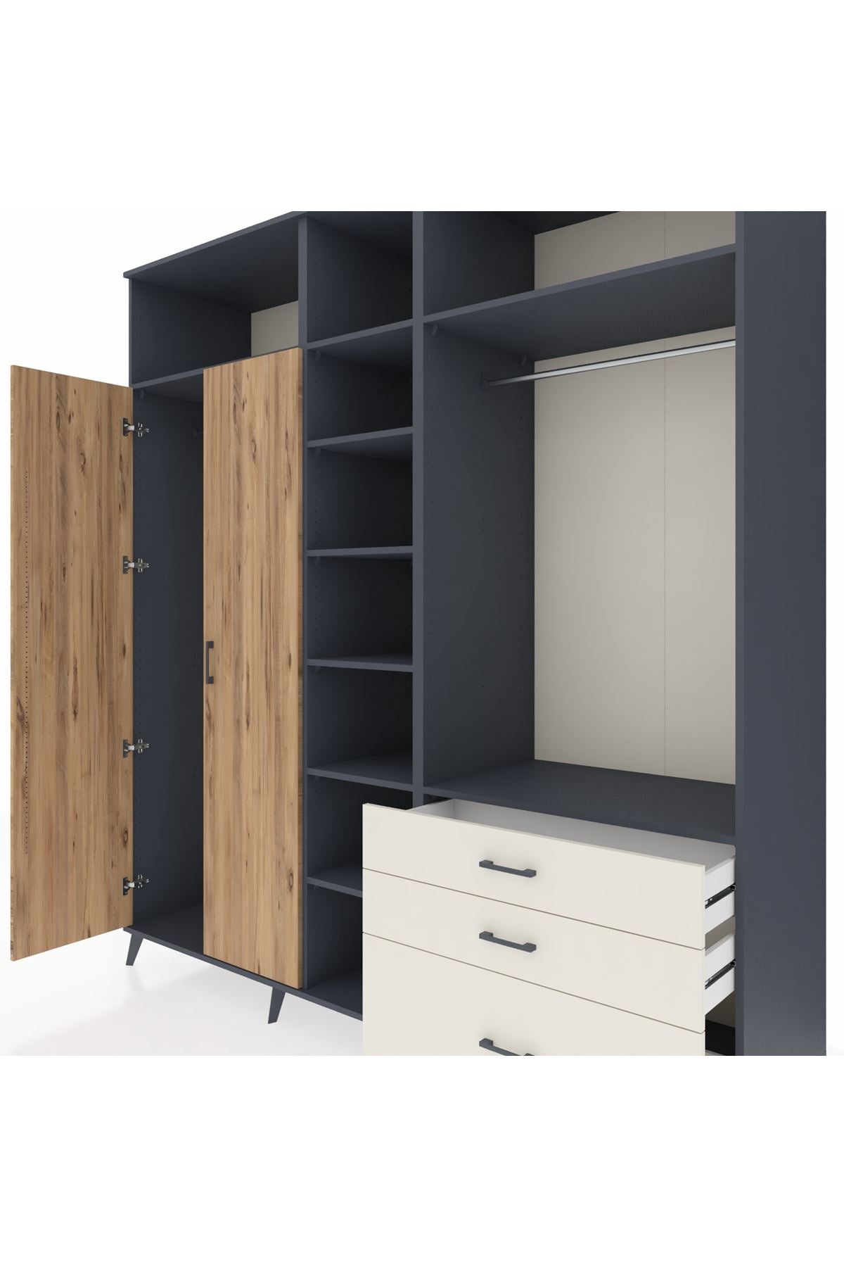 Kronos Dolap 9 Raflı 3 Çekmeceli 2 Askılı 220x59x243 Antrasit-Çam/Aytaşı