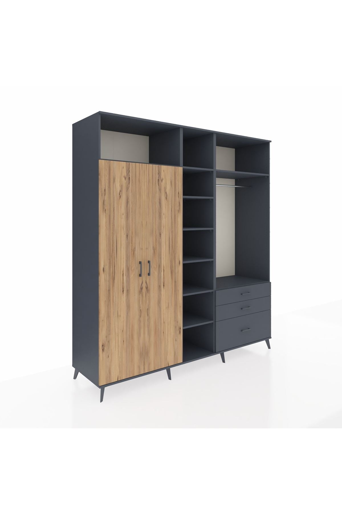 Kronos Dolap 9 Raflı 3 Çekmeceli 2 Askılı 220x59x243 Antrasit-Çam/Antrasit