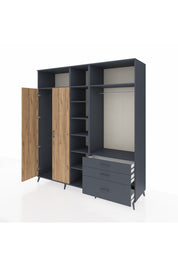 Kronos Dolap 9 Raflı 3 Çekmeceli 2 Askılı 220x59x243 Antrasit-Çam/Antrasit